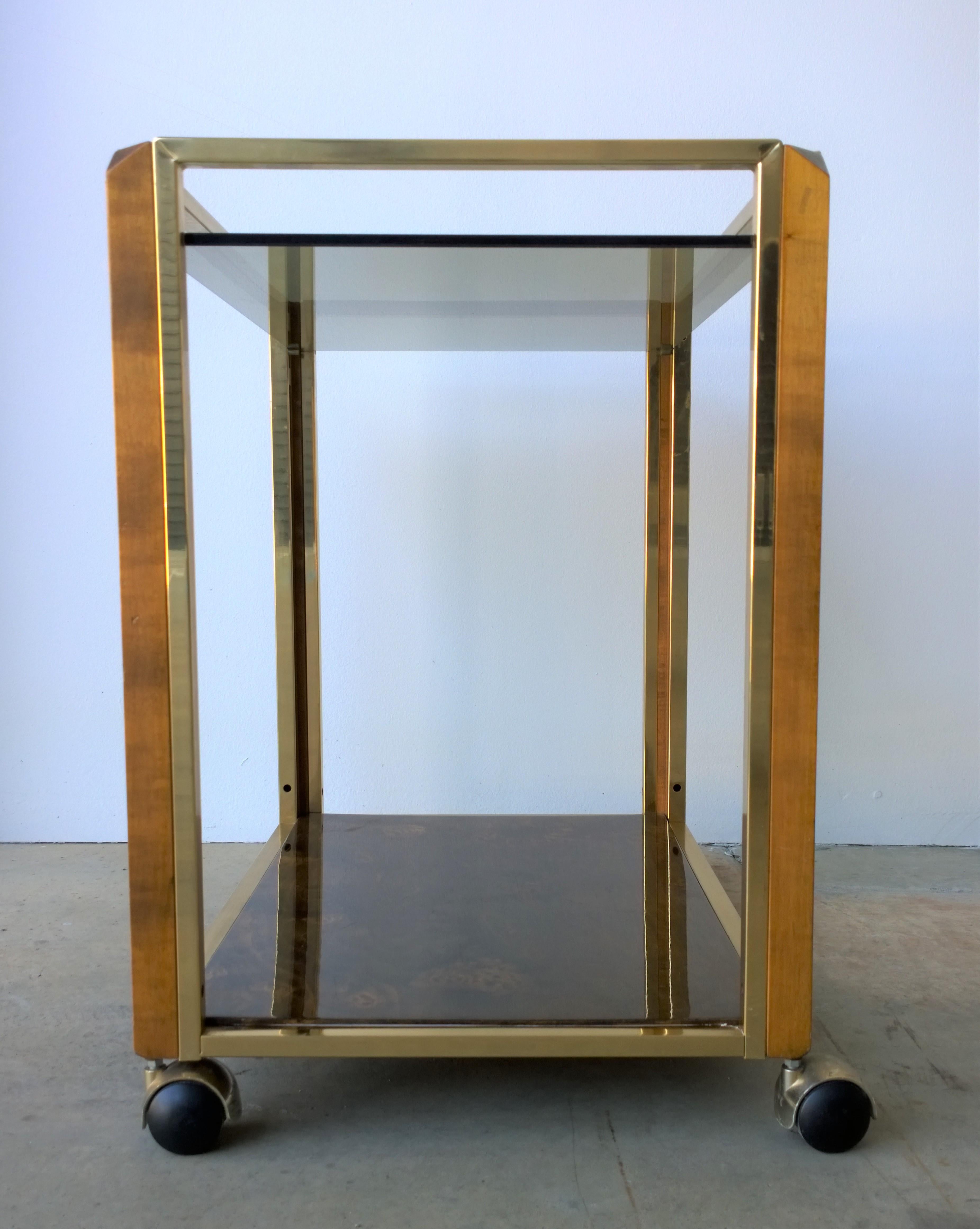 Mid-Century Modern Pierre Cardin Style Brass, Glass & Lacquered Burl Veneer Bar Cart / Serving Cart For Sale