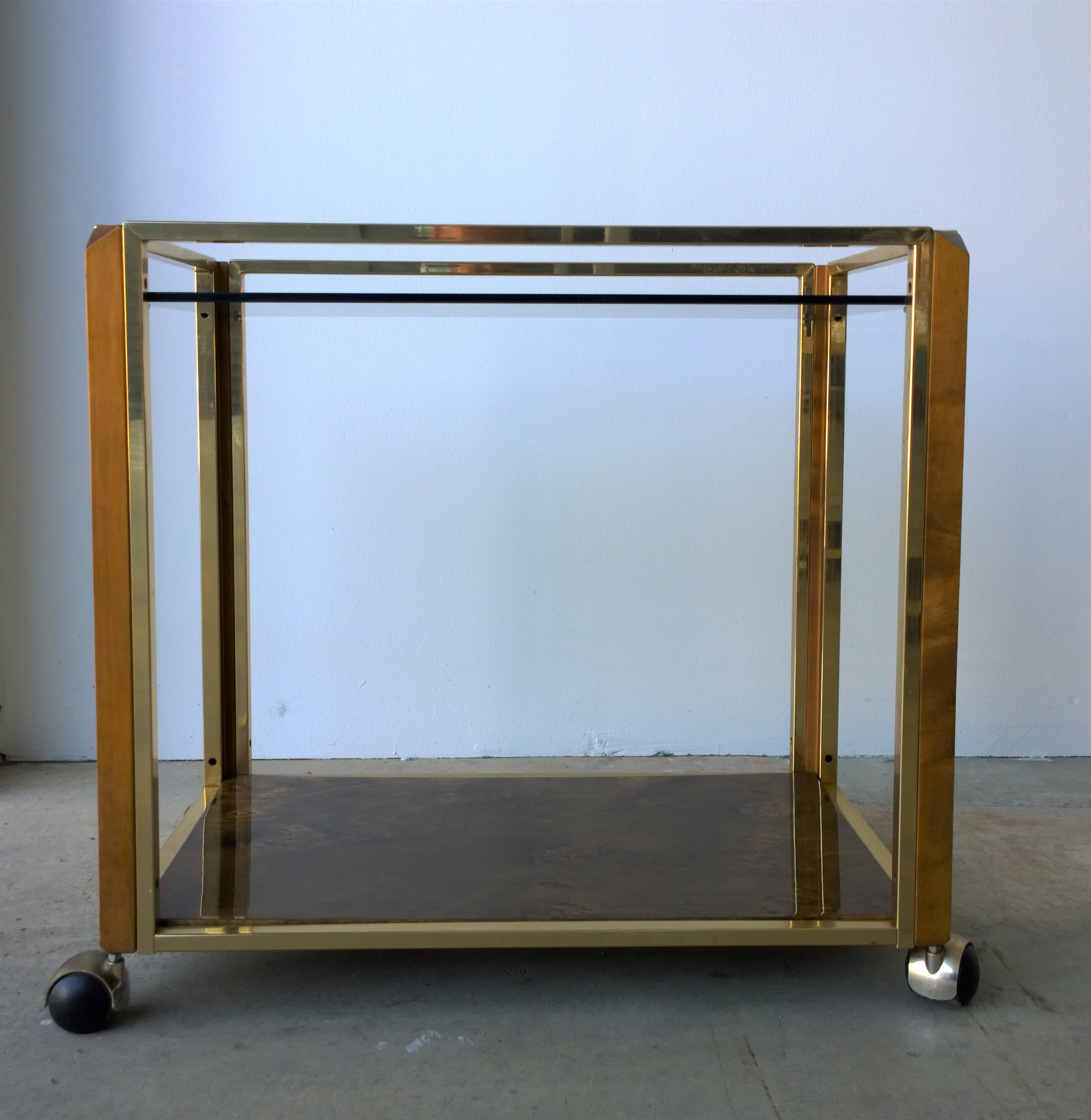 Pierre Cardin Style Brass, Glass & Lacquered Burl Veneer Bar Cart / Serving Cart In Good Condition For Sale In Houston, TX