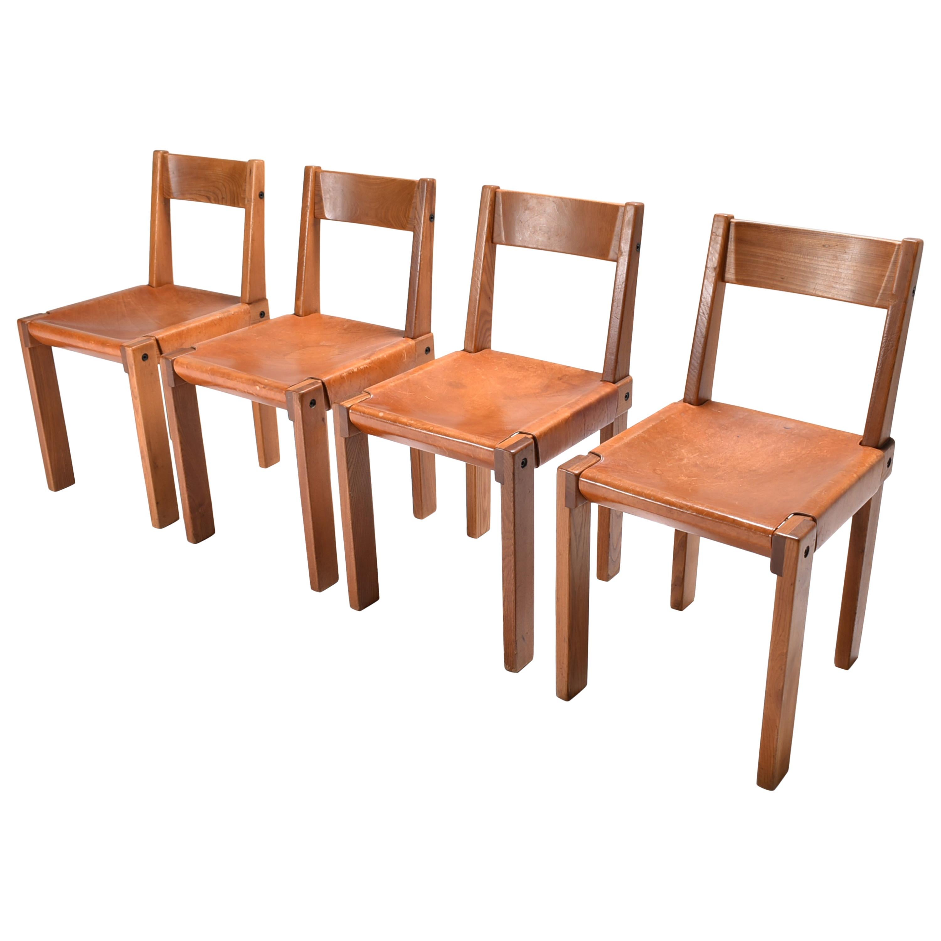 Mid-Century Modern Pierre Chapo Leather and Elm Chairs "S24", Set of Four, 1970