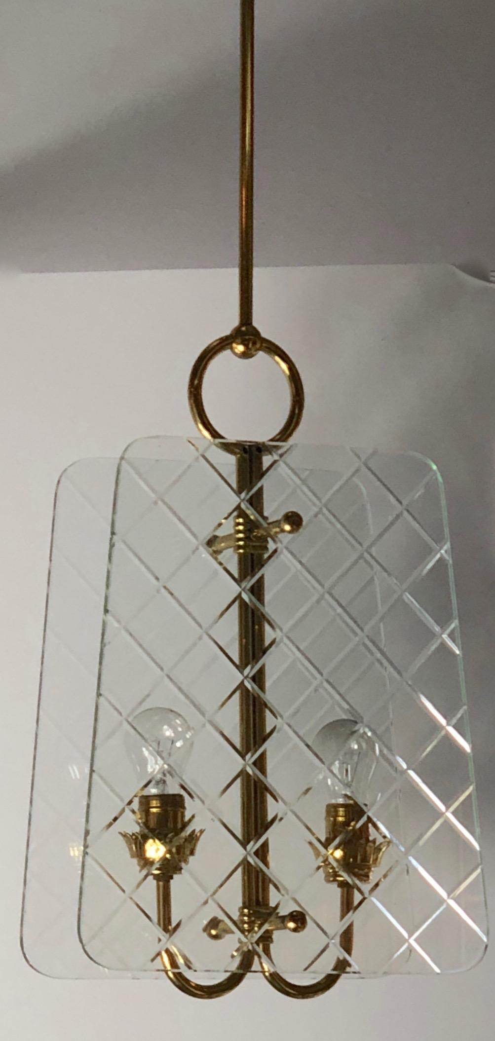 Italian Attributed Pietro Chiesa Brass & Harlequin Pattern Cut Glass Chandelier For Sale