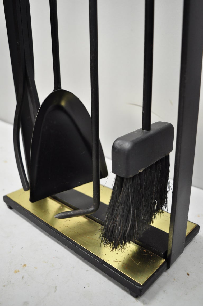 MidCentury Modern Pilgrim Cast Iron Brass Minimalist Fireplace Tool Set Stand at 1stDibs
