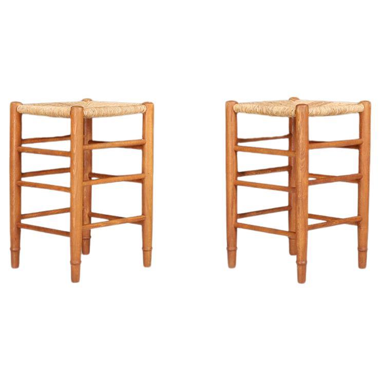 Mid Century Modern Pinewood And Rush Stools in The Style Of Charlotte Perriand