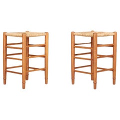 Mid Century Modern Pinewood And Rush Stools in The Style Of Charlotte Perriand