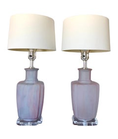 Mid Century Modern Pink and Blue Frosted Glass Bauer Table Lamps