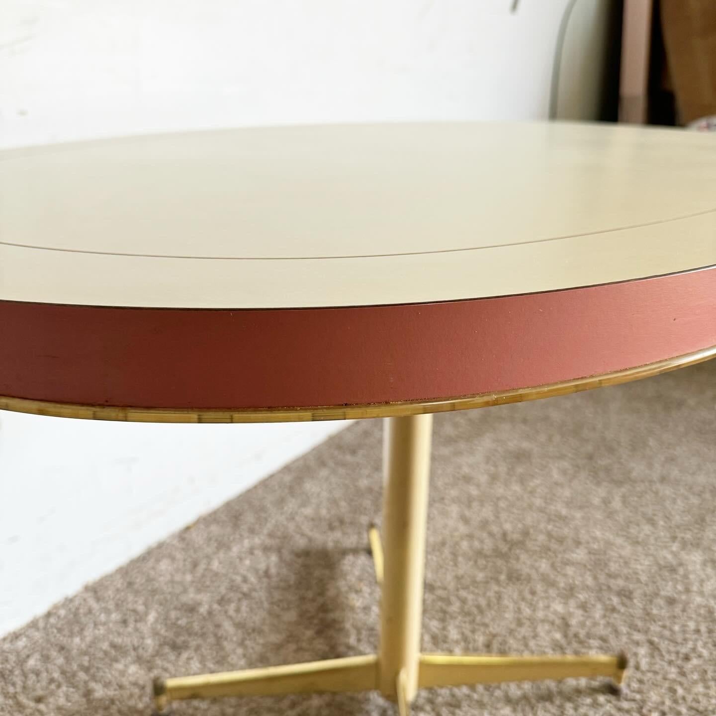 Wood Mid Century Modern Pink and White Laminate Oval Top Dining Table For Sale