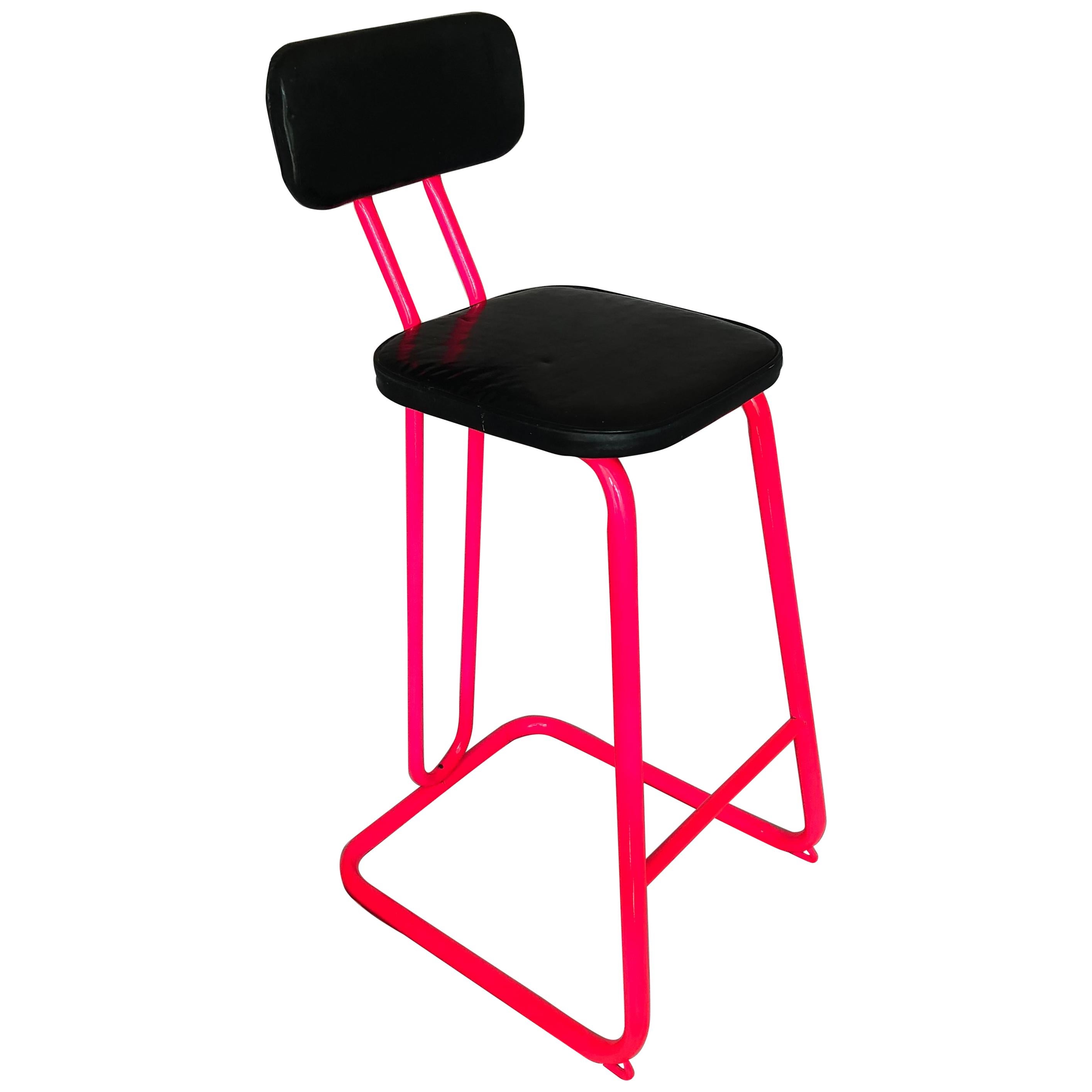 Mid-Century Modern bar stools by Daystrom.

Newly powder-coated in pink and simi-orange vintage MCM chrome bar stool in original black vinyl fabric, Marked DAYSTROM on the back.

   