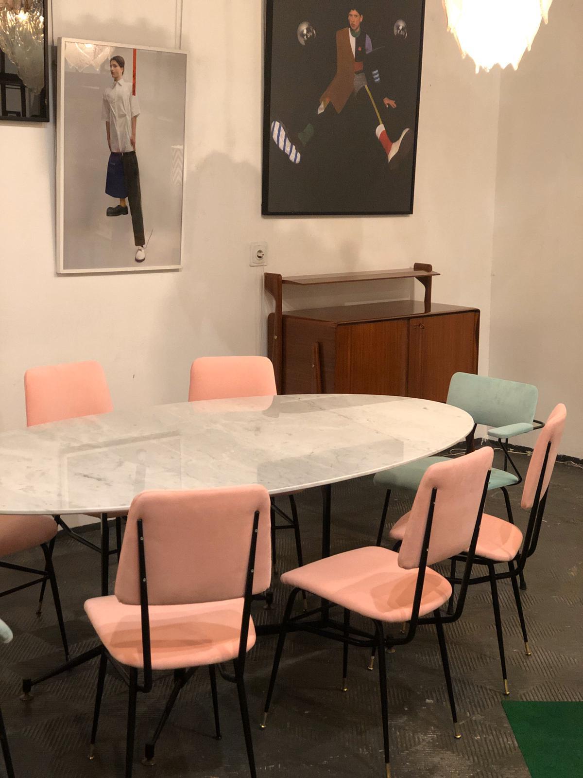 Mid-Century Modern Pink Black Iron Velvet Set of 6 Italian Chairs, 1950 5