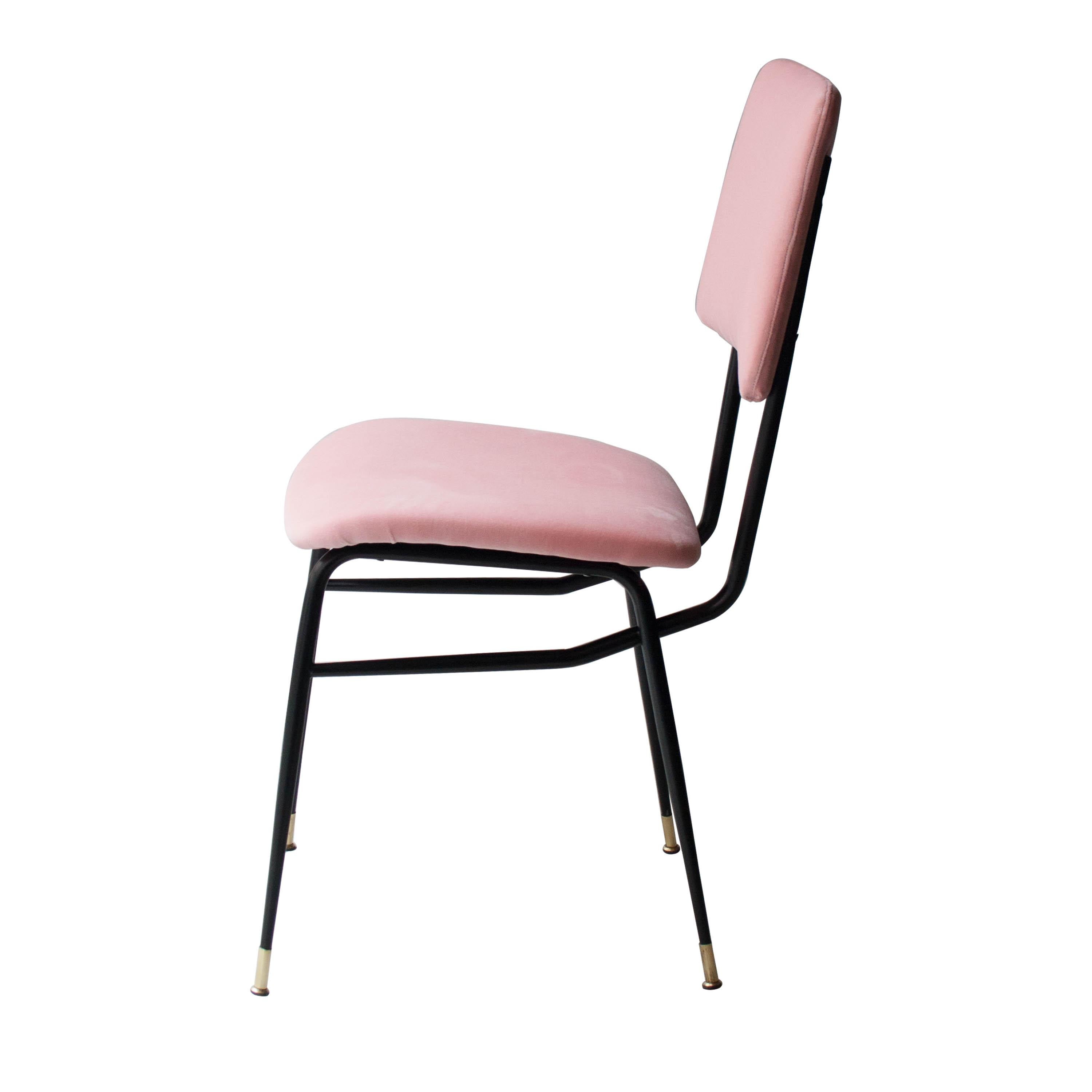 French Mid-Century Modern Pink Black Iron Velvet Set of 6 Italian Chairs, 1950