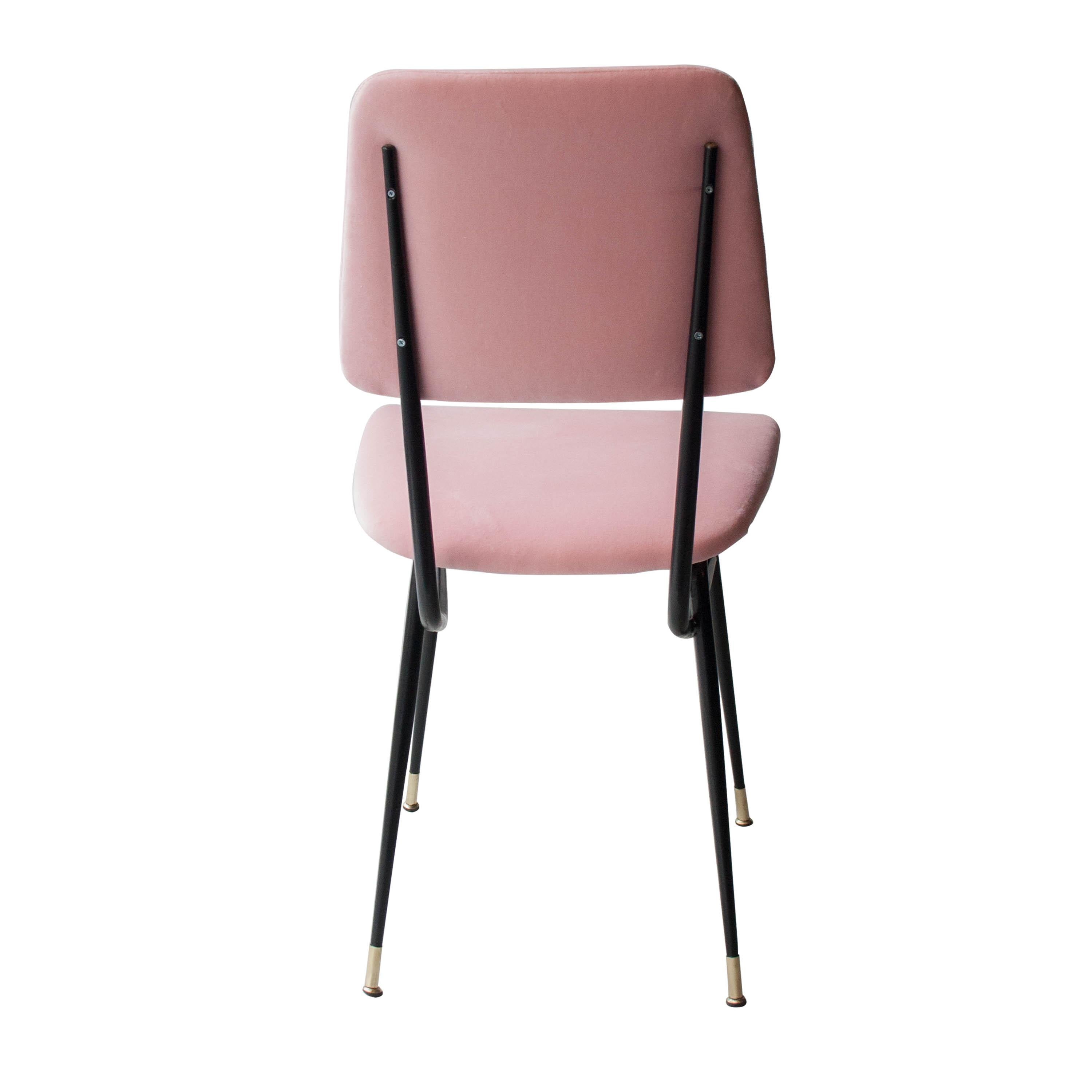 Lacquered Mid-Century Modern Pink Black Iron Velvet Set of 6 Italian Chairs, 1950