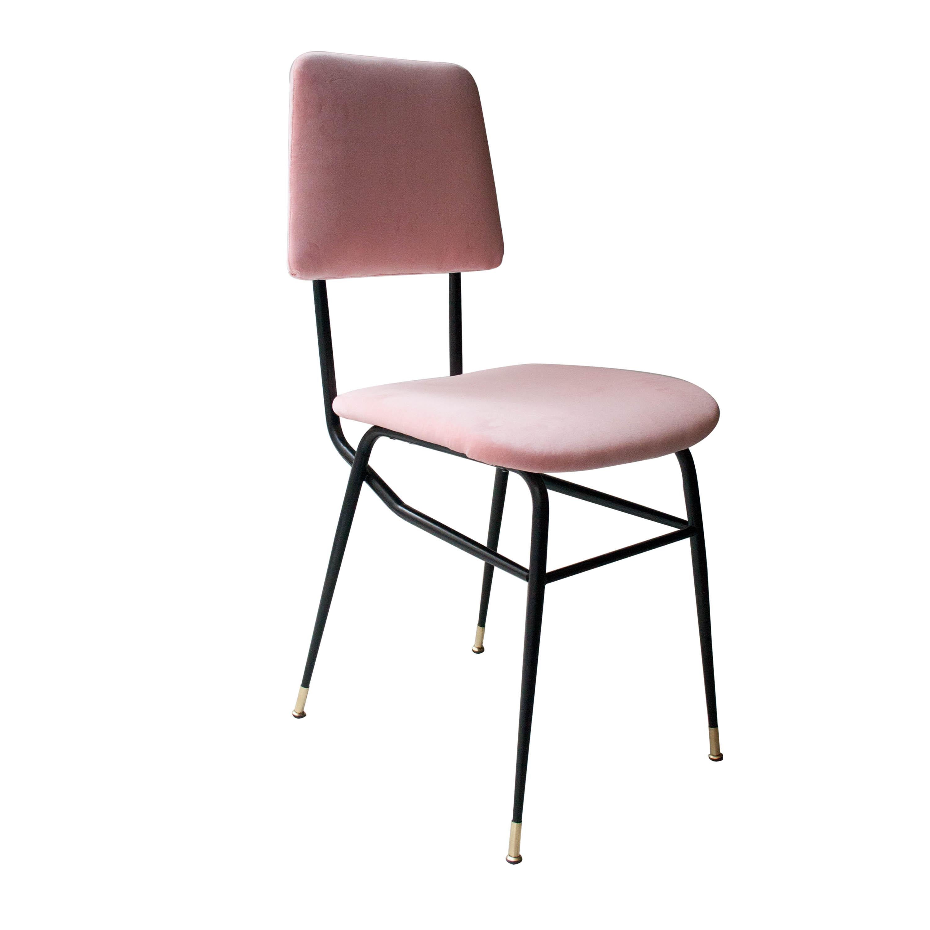 Mid-Century Modern Pink Black Iron Velvet Set of 6 Italian Chairs, 1950 In Good Condition In Madrid, ES