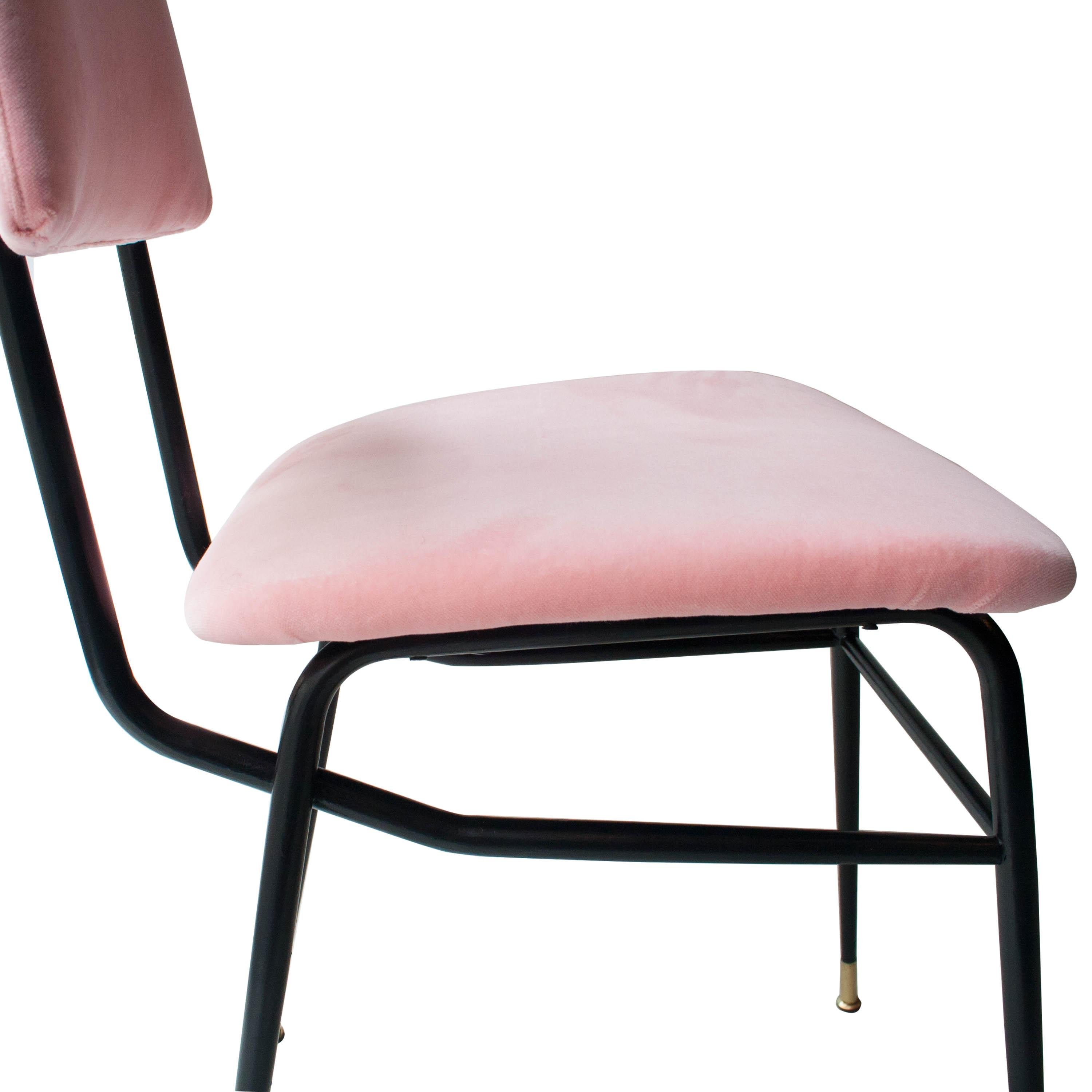 Mid-20th Century Mid-Century Modern Pink Black Iron Velvet Set of 6 Italian Chairs, 1950