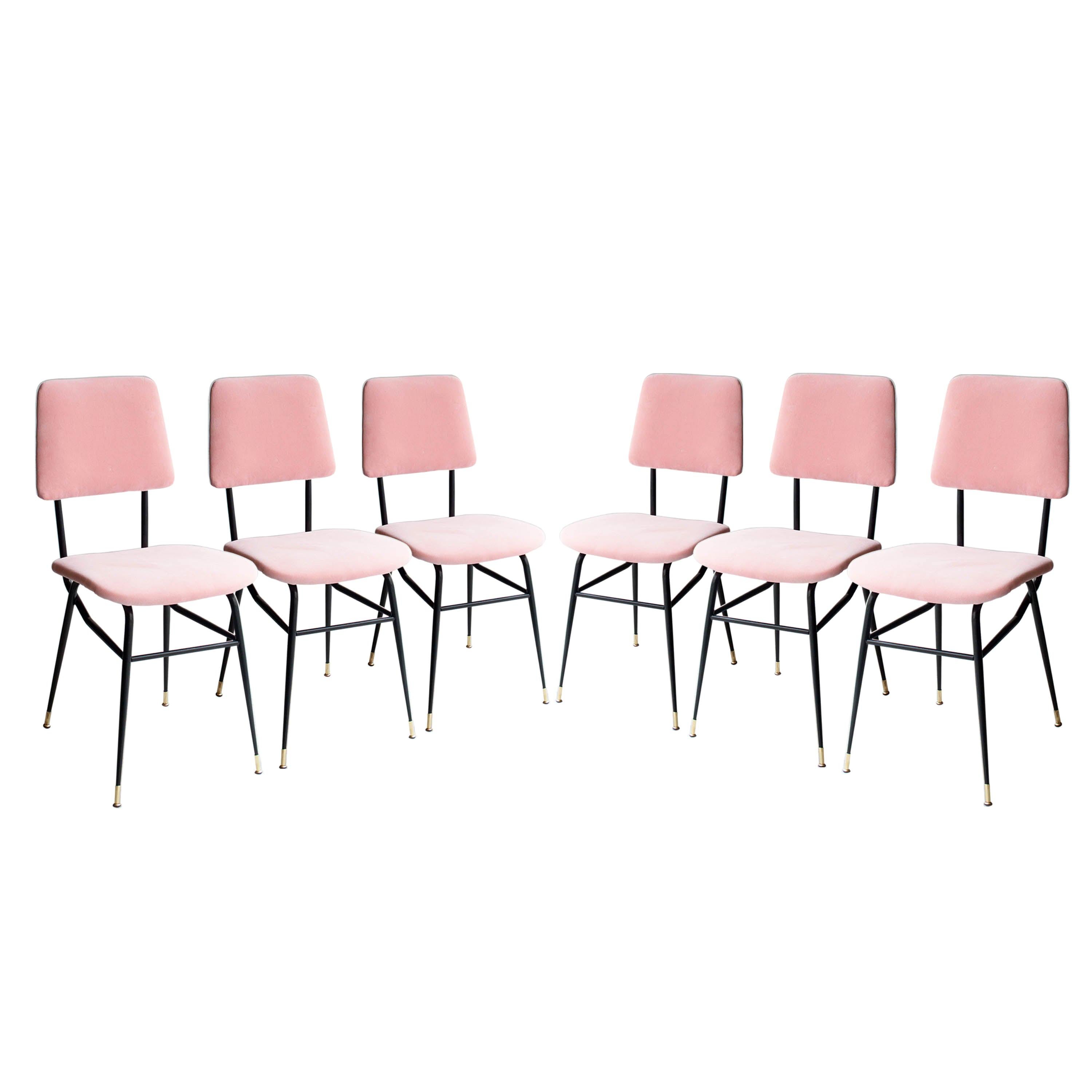 Mid-Century Modern Pink Black Iron Velvet Set of 6 Italian Chairs, 1950