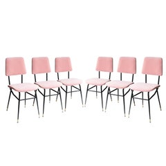 Mid-Century Modern Pink Black Iron Velvet Set of 6 Italian Chairs, 1950