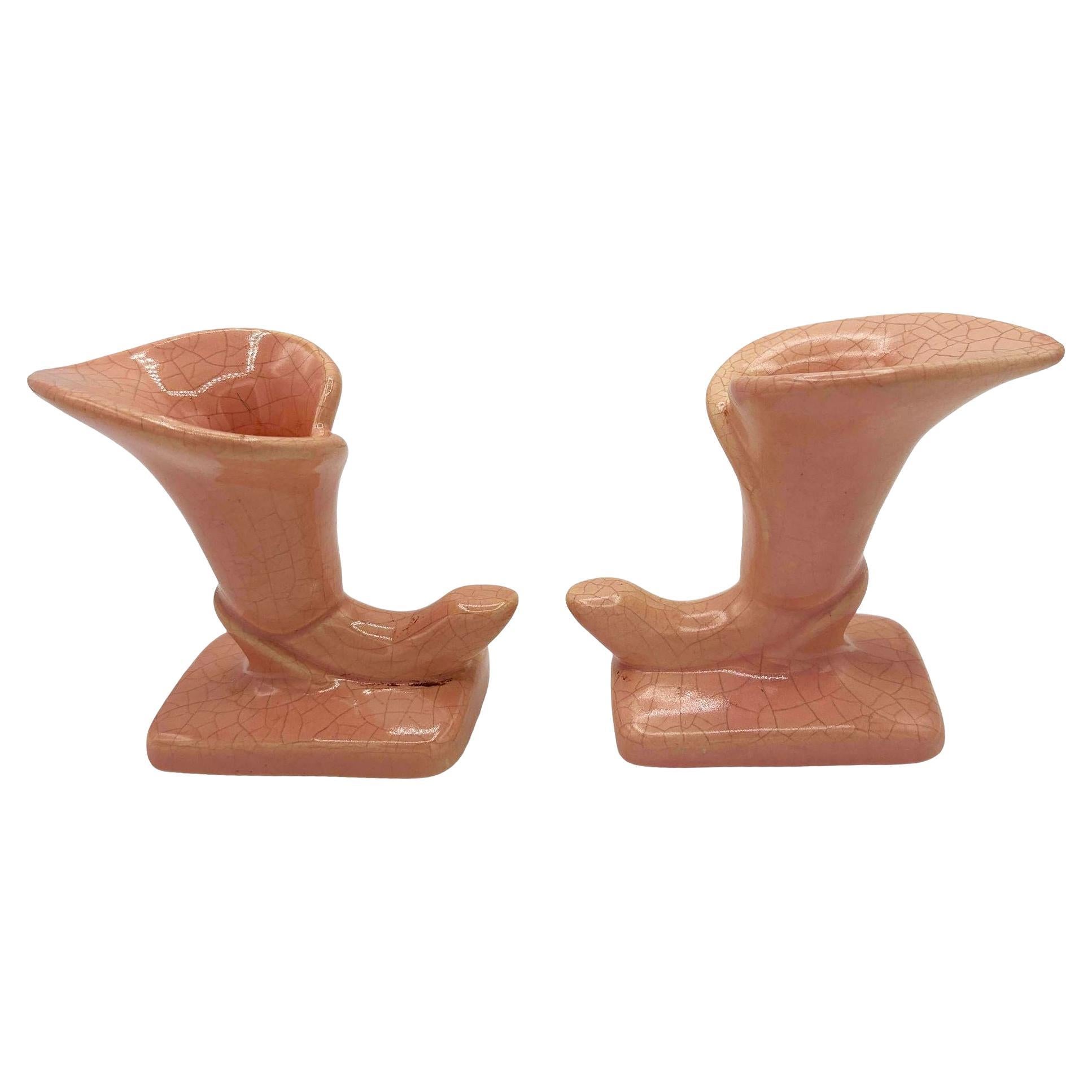 Mid-century Modern Pink Calla Lilly Horn Shaped Ceramic Vase, Pair
