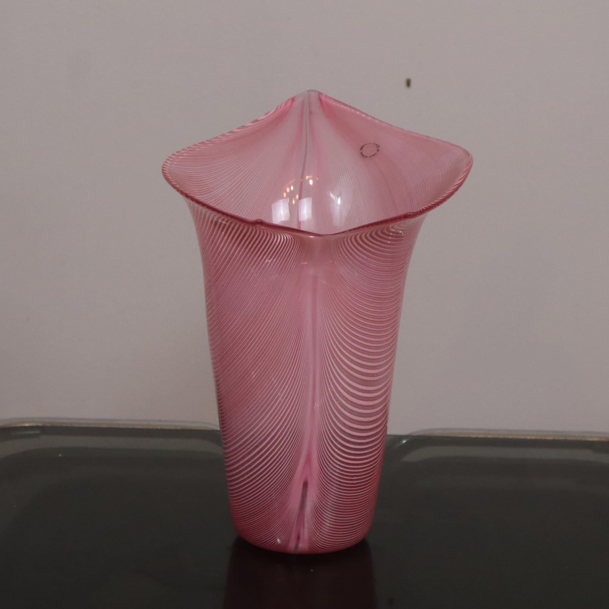 Moderne rosa filigrana murano-Glasvase venini aus der Mitte des Jahrhunderts, Italien, 1989 4