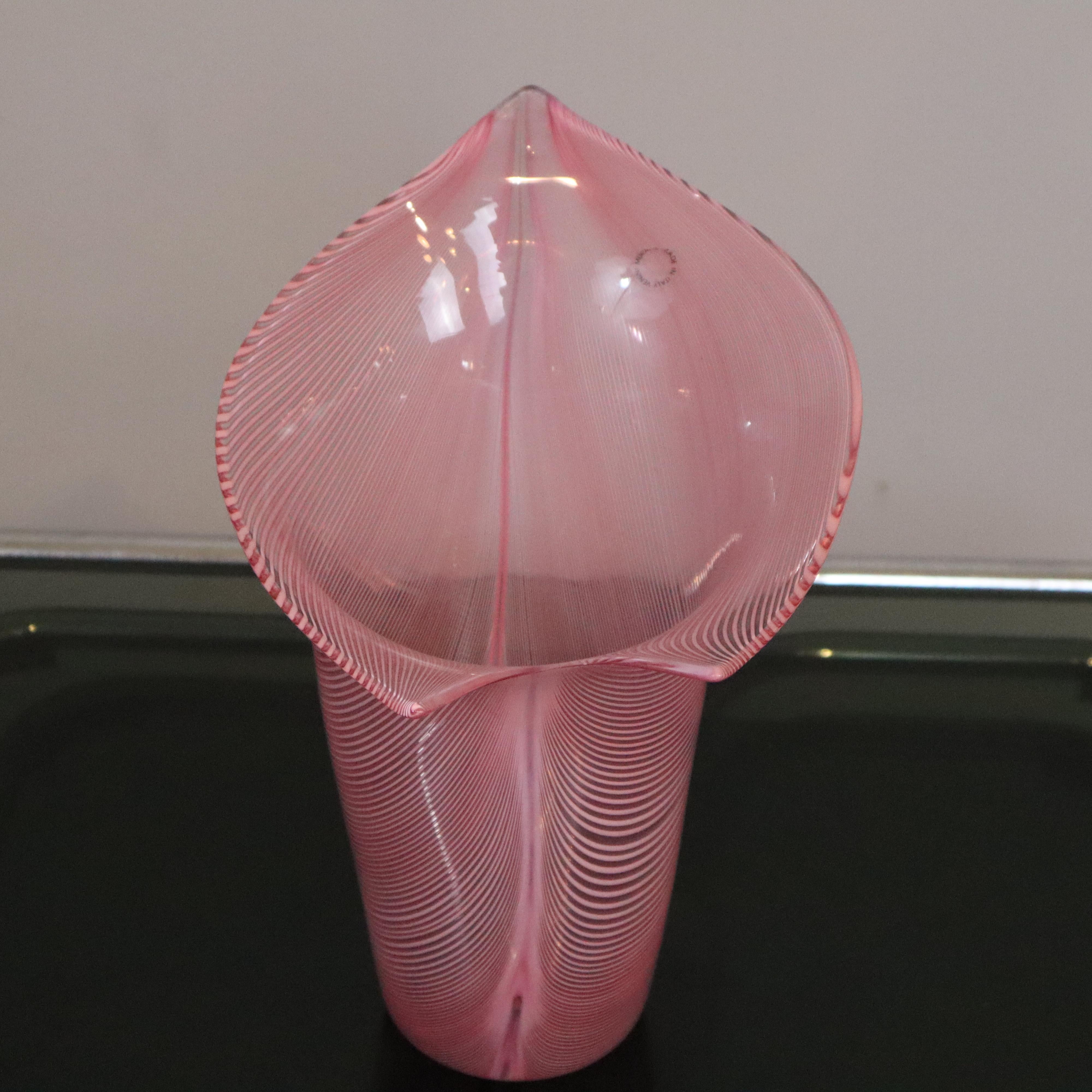 Moderne rosa filigrana murano-Glasvase venini aus der Mitte des Jahrhunderts, Italien, 1989 (Italienisch)