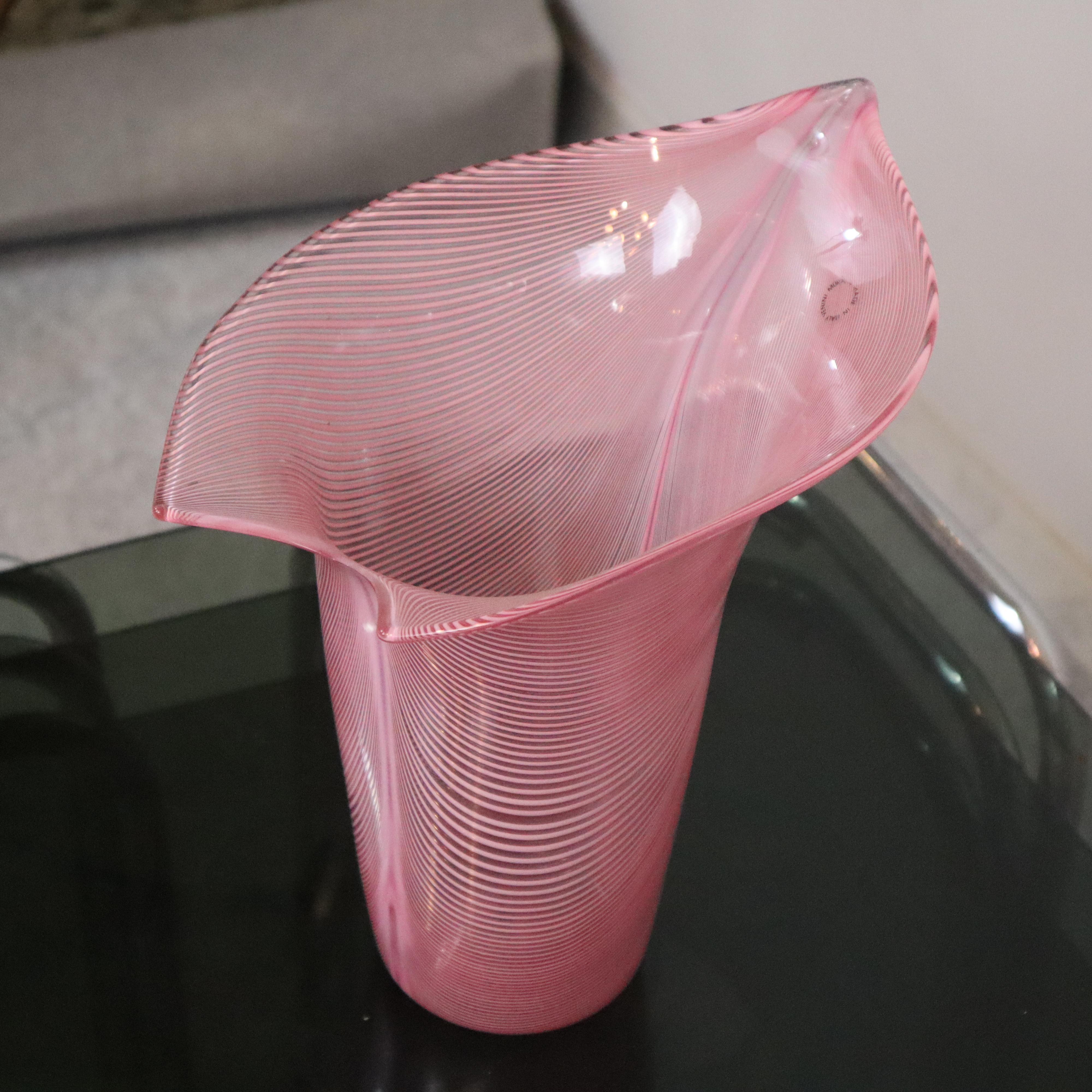 Moderne rosa filigrana murano-Glasvase venini aus der Mitte des Jahrhunderts, Italien, 1989 (Ende des 20. Jahrhunderts)