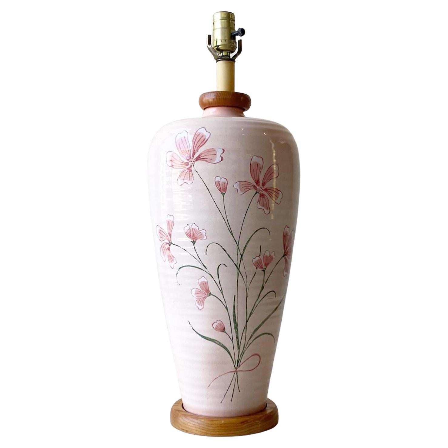 Mid Century Modern Pink Floral Table Lamp For Sale