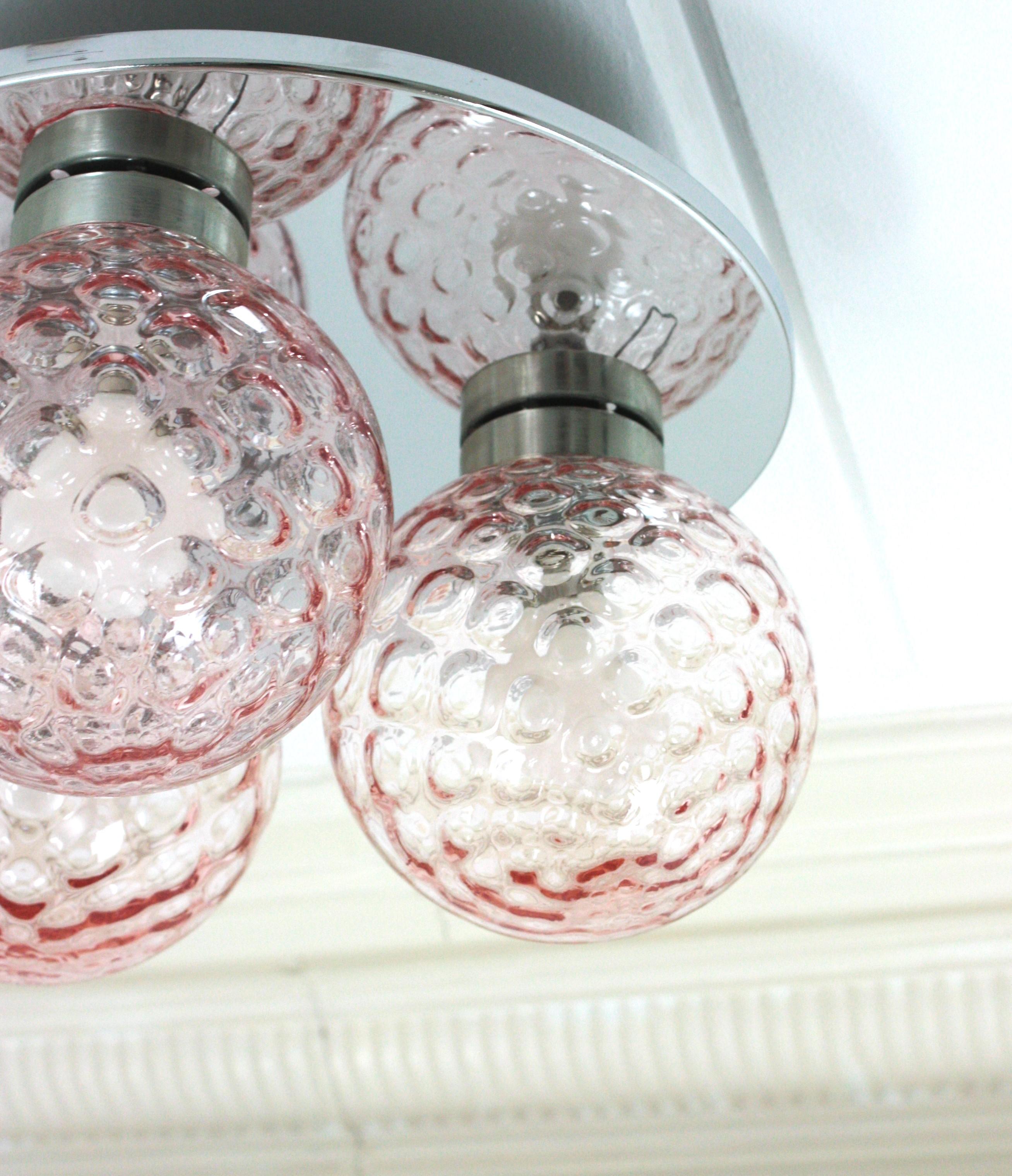 Art Glass Mid-Century Modern Pink Glass Globes Flush Mount For Sale
