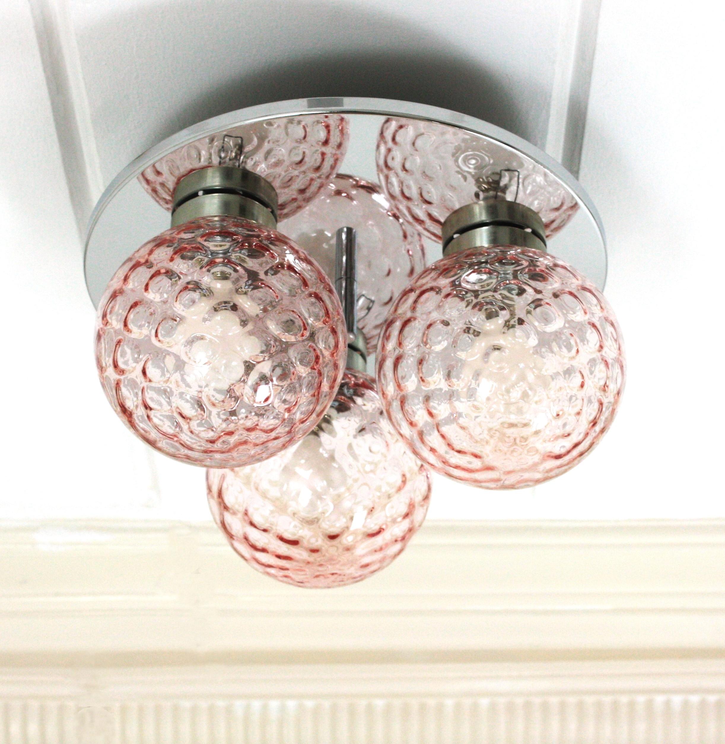 Mid-Century Modern Pink Glass Globes Flush Mount For Sale 2
