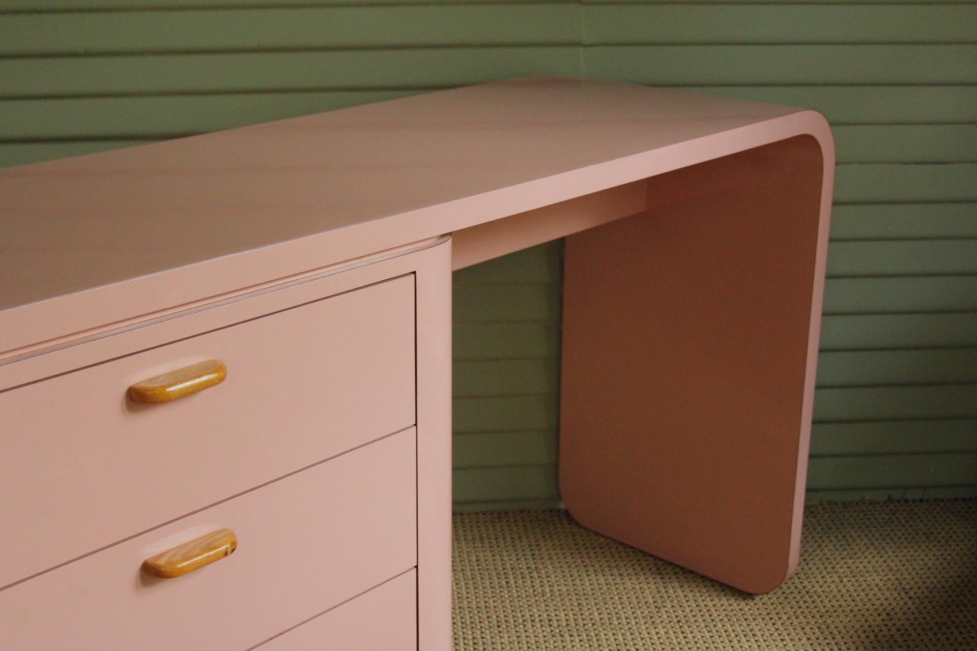 Contemporary Mid-Century Modern  Pink Laminate Shallow Desk with 4 Drawers and Teak Handles