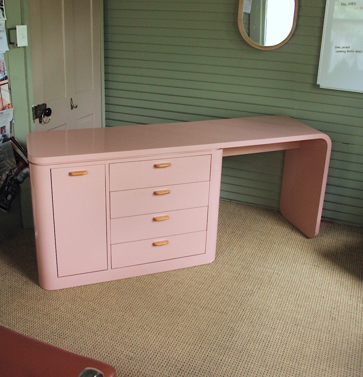 Mid-Century Modern  Pink Laminate Shallow Desk with 4 Drawers and Teak Handles