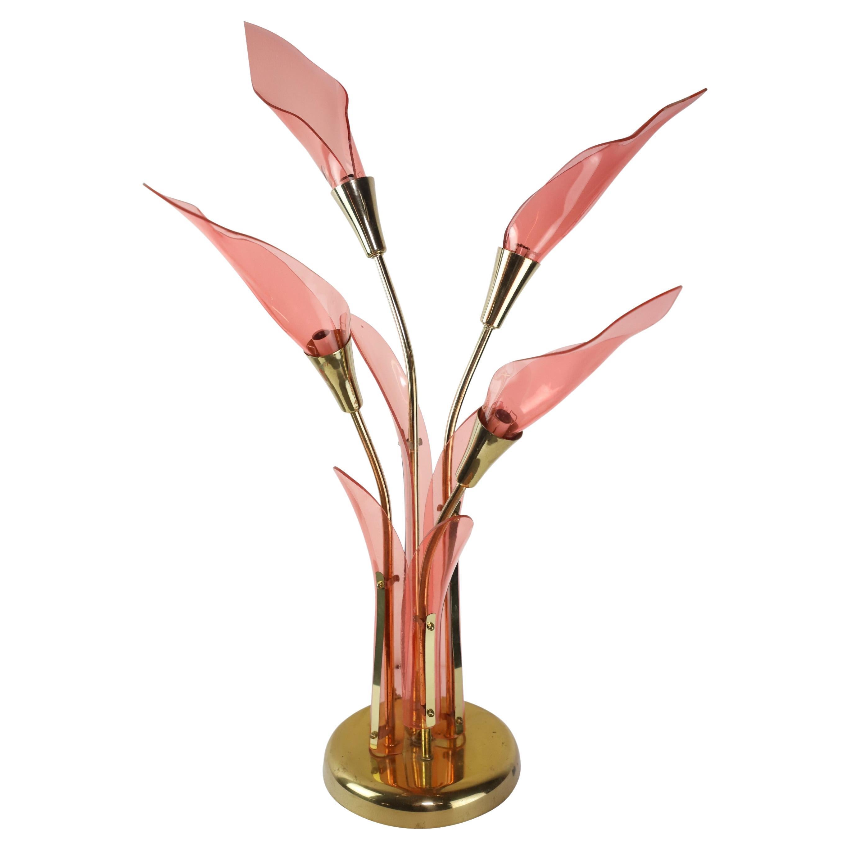 Mid-Century Modern Pink Lucite Calla Lily Brass Table Lamp