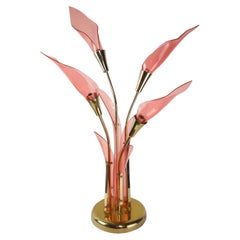Mid-Century Modern Pink Lucite Calla Lily Brass Table Lamp