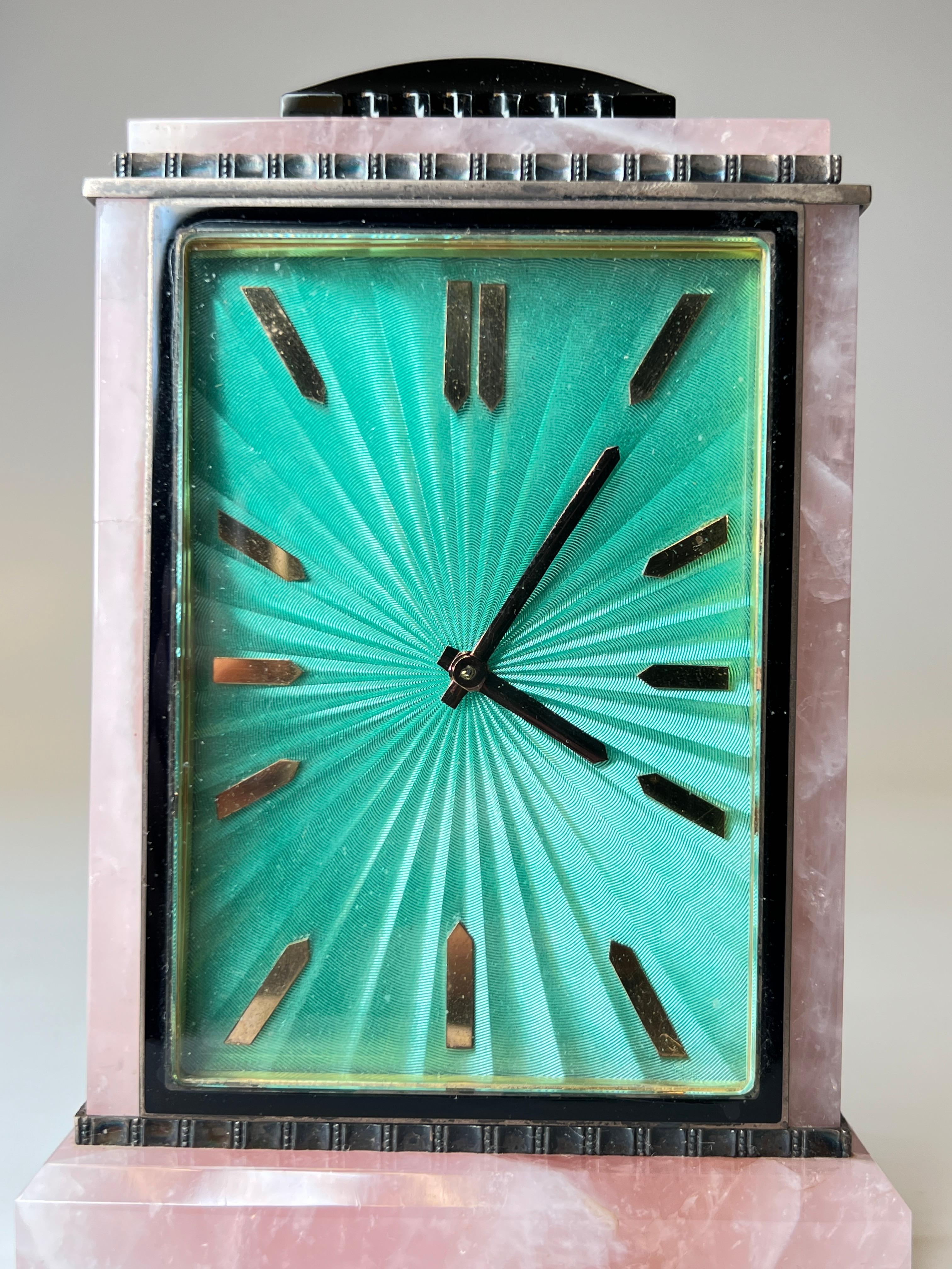 Mid-Century Modern Pink Quartz and Enamel Table Clock by E. Gubelin 6