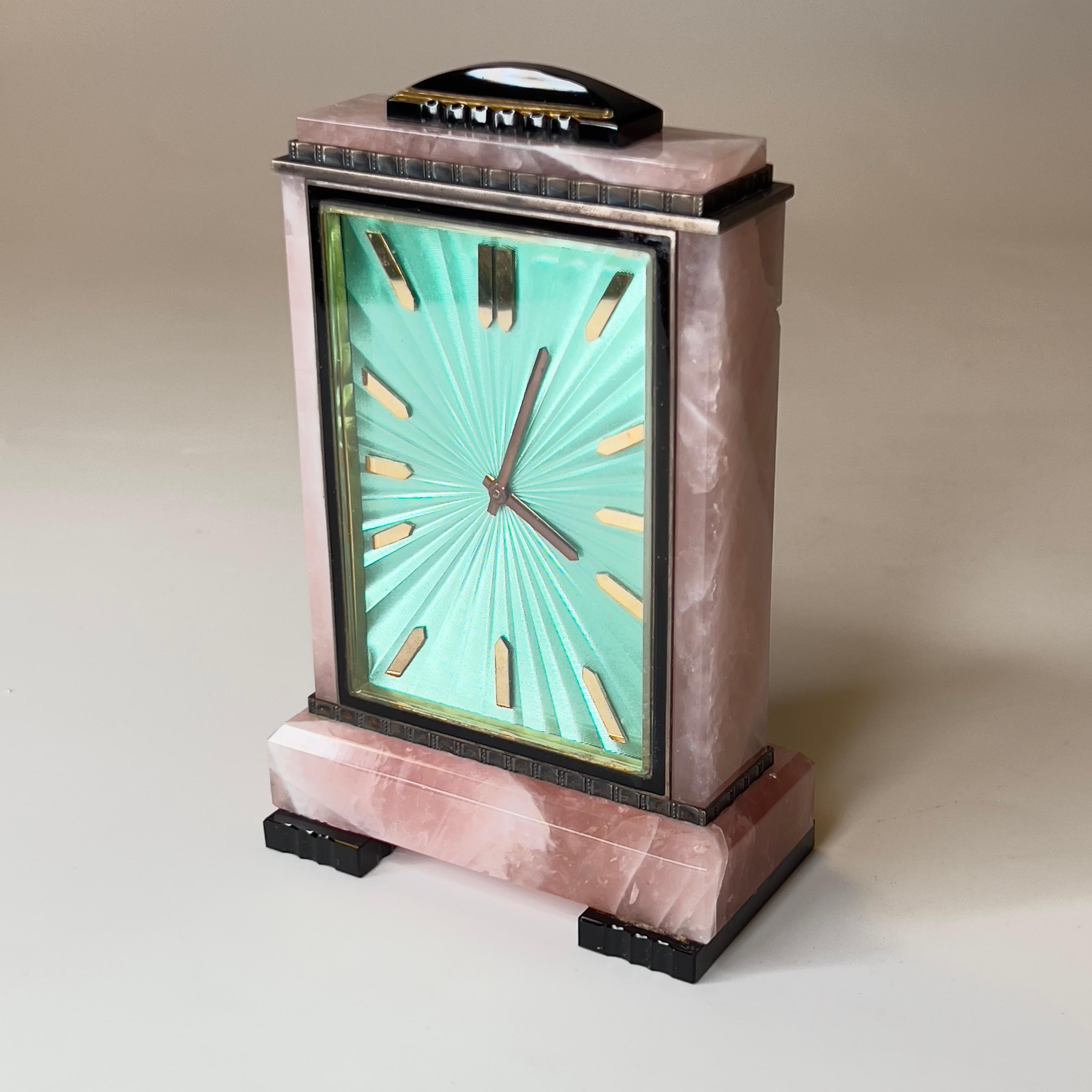 Mid-Century Modern Pink Quartz and Enamel Table Clock by E. Gubelin 13