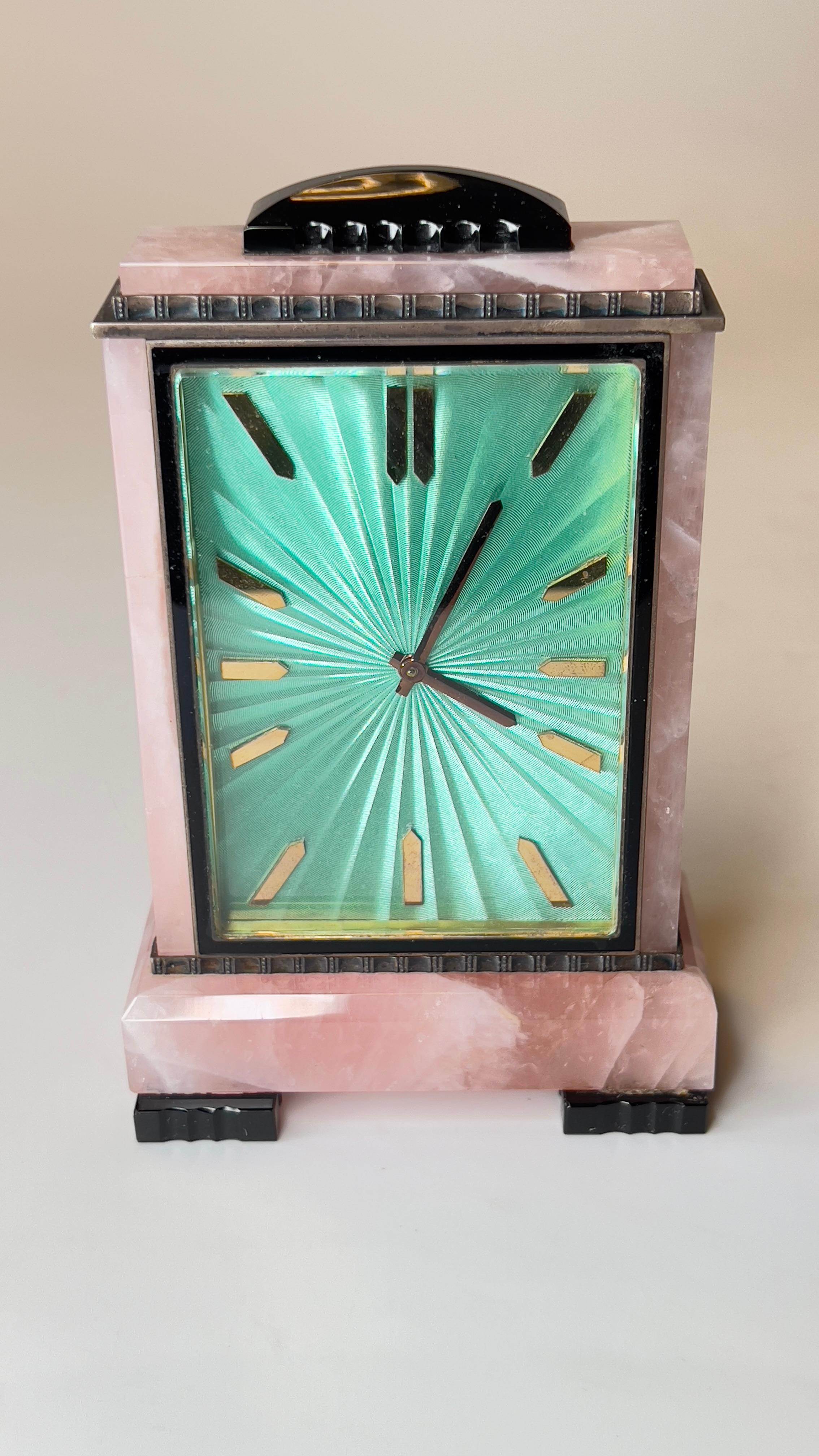 Swiss Mid-Century Modern Pink Quartz and Enamel Table Clock by E. Gubelin