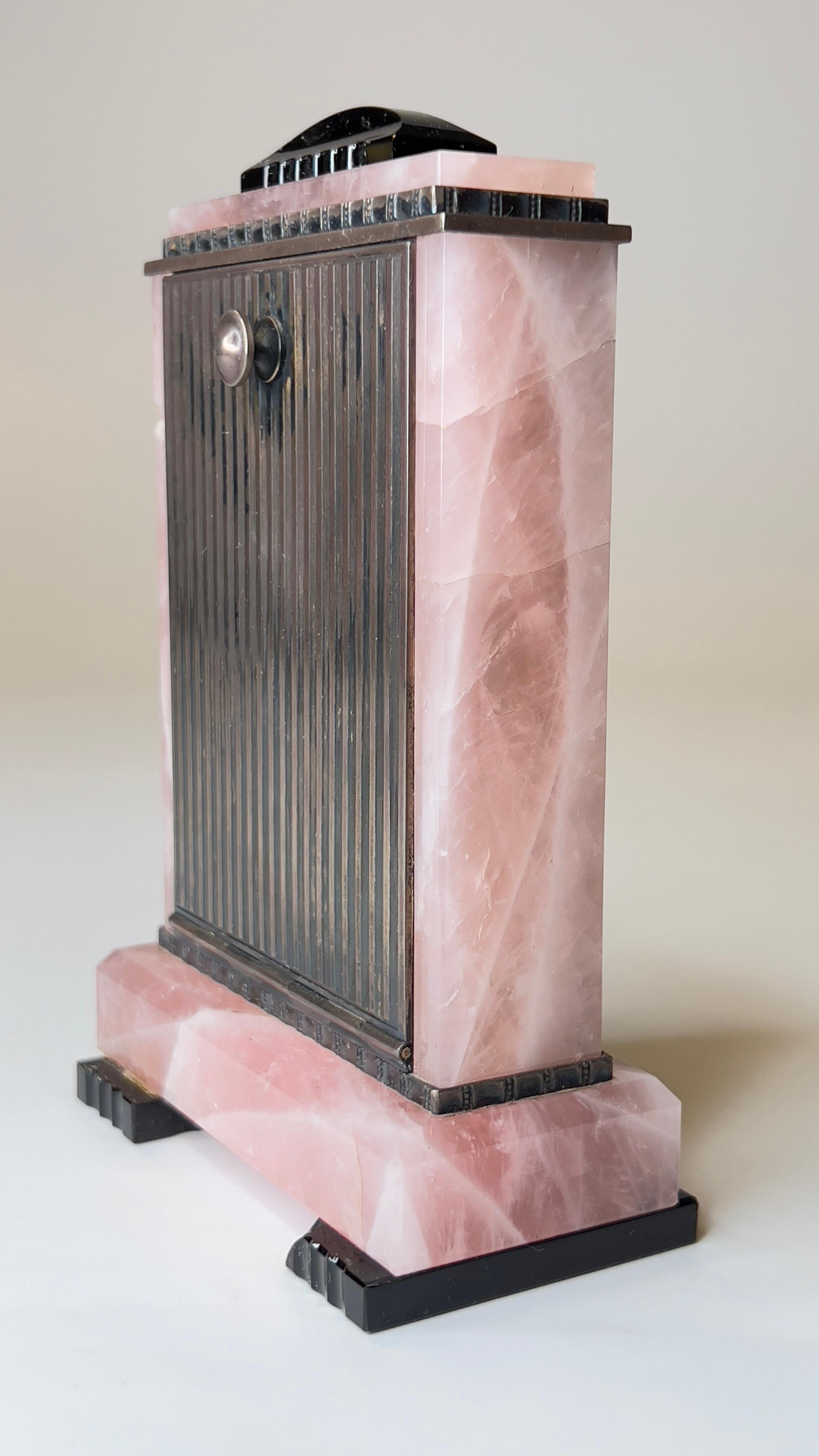 Brass Mid-Century Modern Pink Quartz and Enamel Table Clock by E. Gubelin