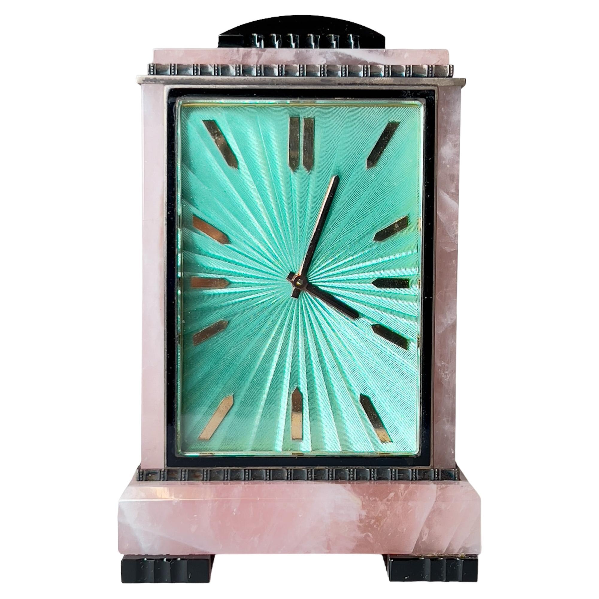 Mid-Century Modern Pink Quartz and Enamel Table Clock by E. Gubelin