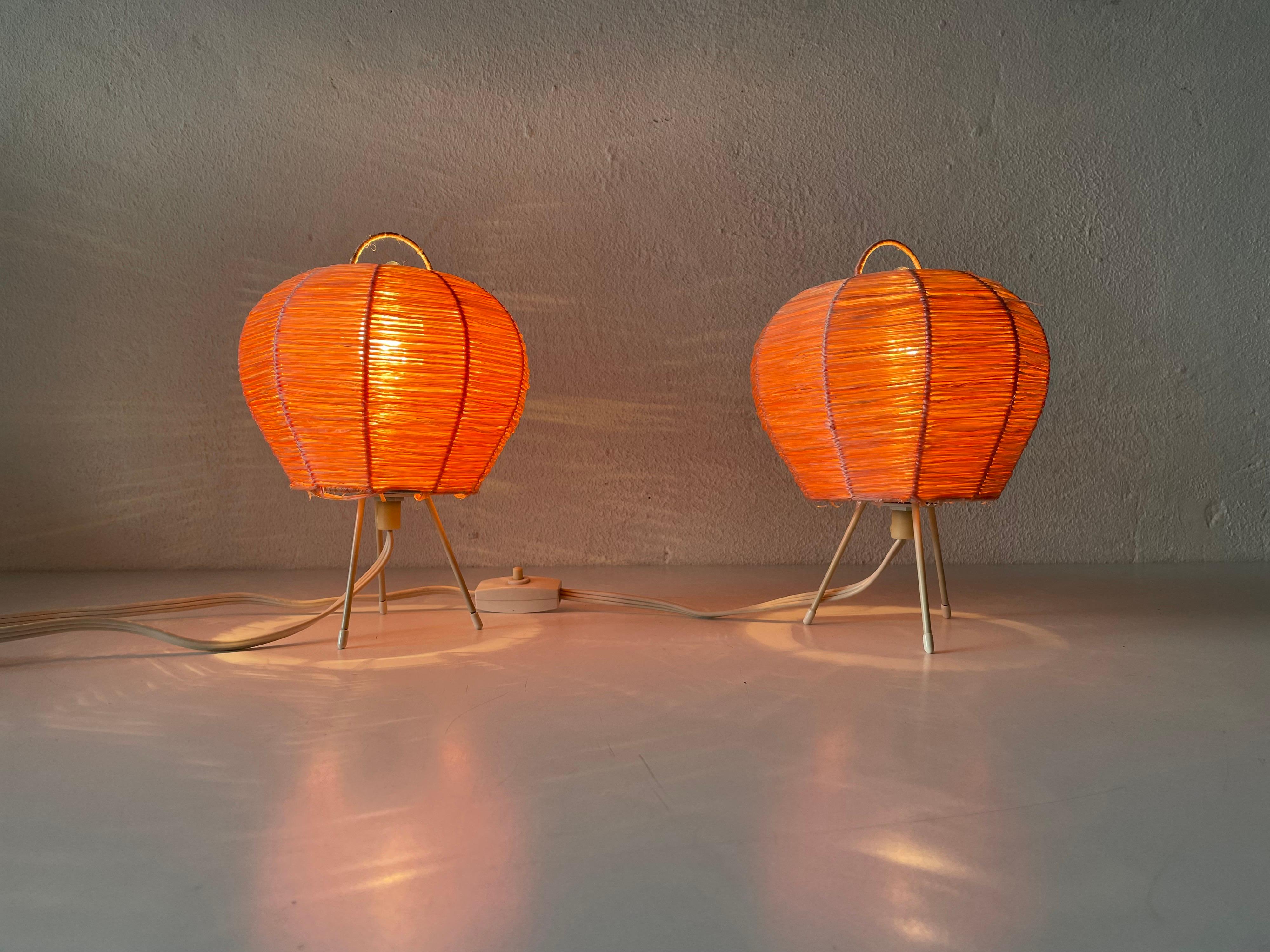 Mid-Century Modern Pink Raffia Tripod Pair of Bedside Lamps, 1950s, Germany 5