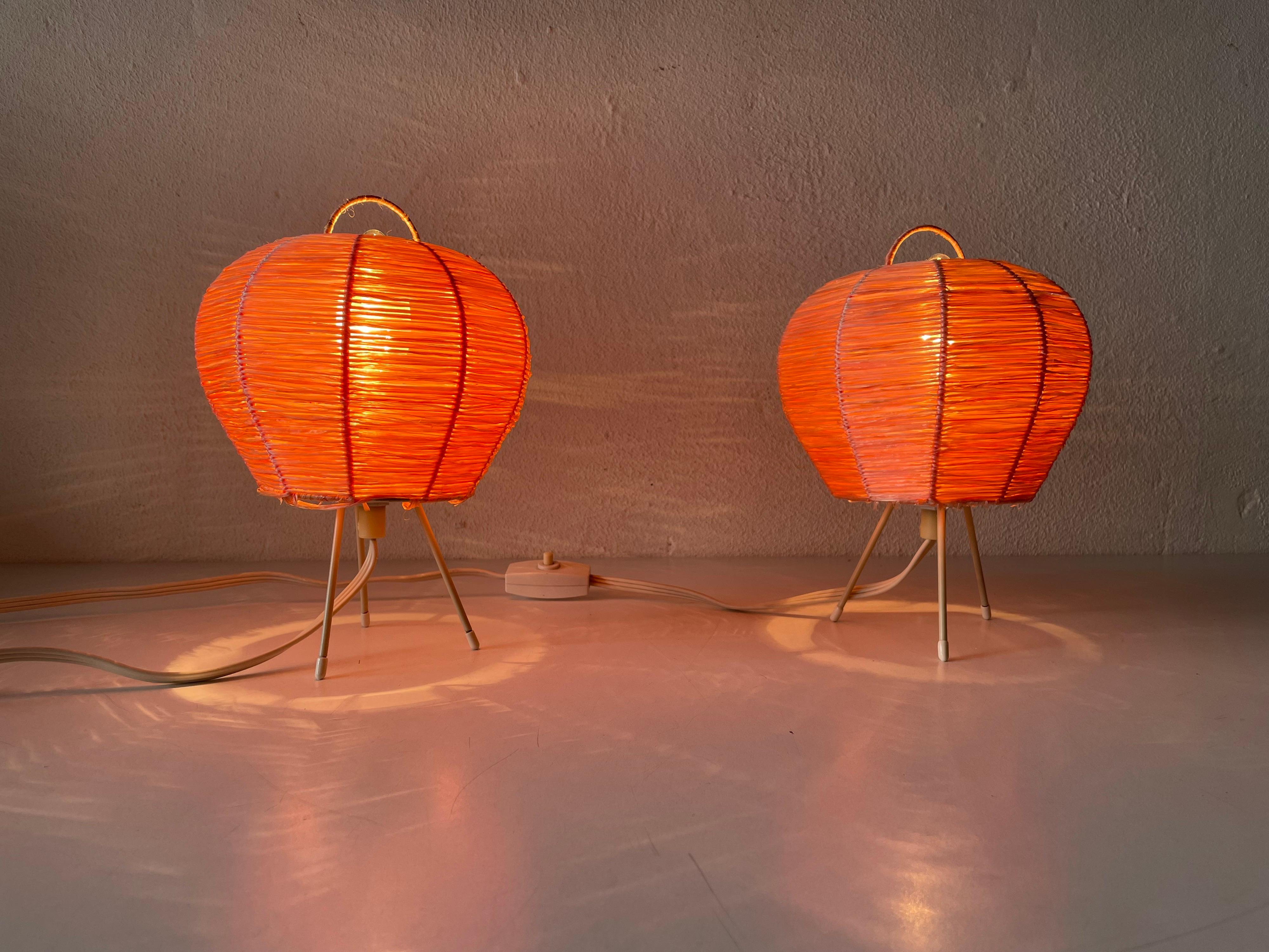 Mid-Century Modern Pink Raffia Tripod Pair of Bedside Lamps, 1950s, Germany 6
