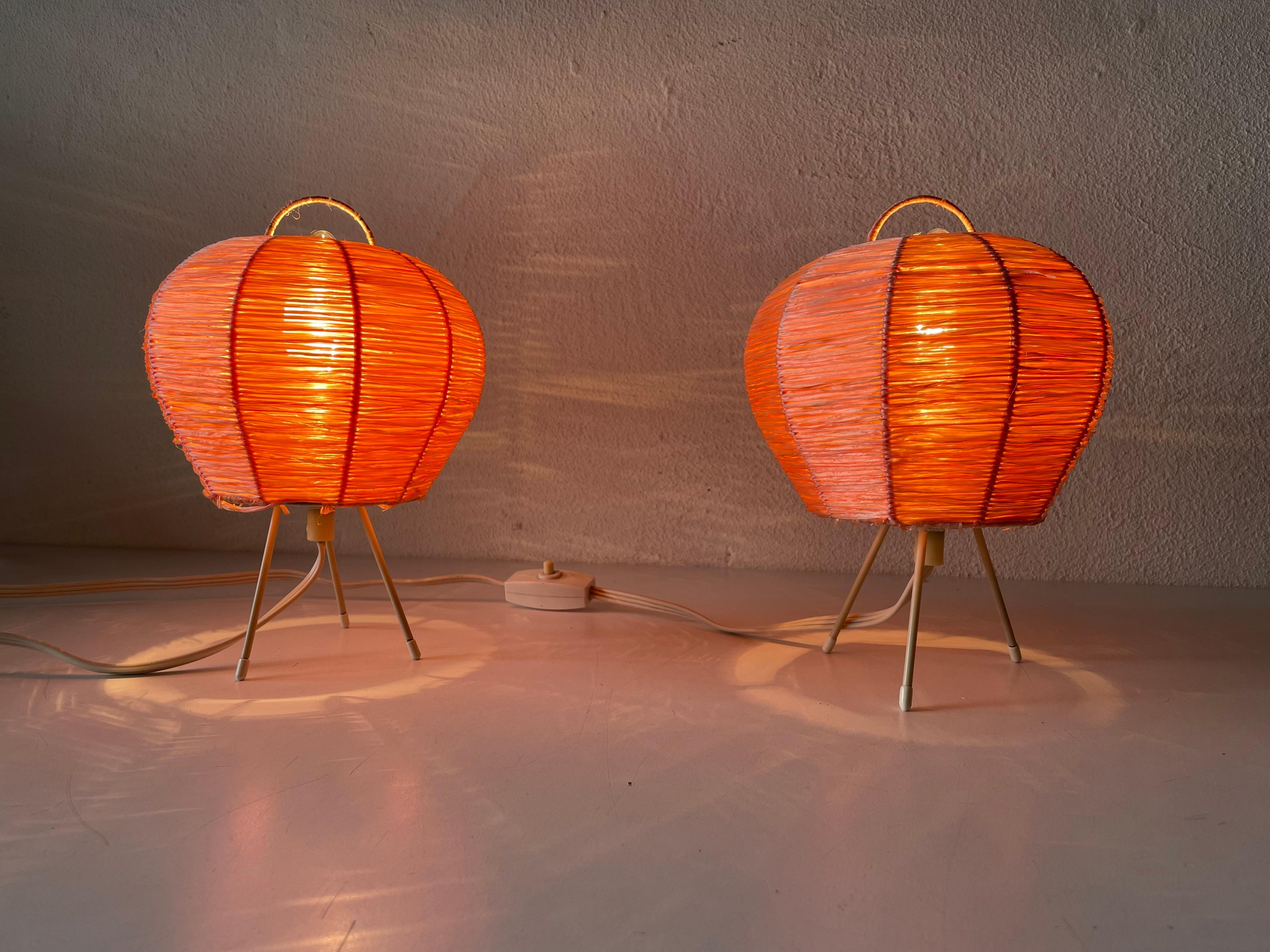 Mid-Century Modern Pink Raffia Tripod Pair of Bedside Lamps, 1950s, Germany 7
