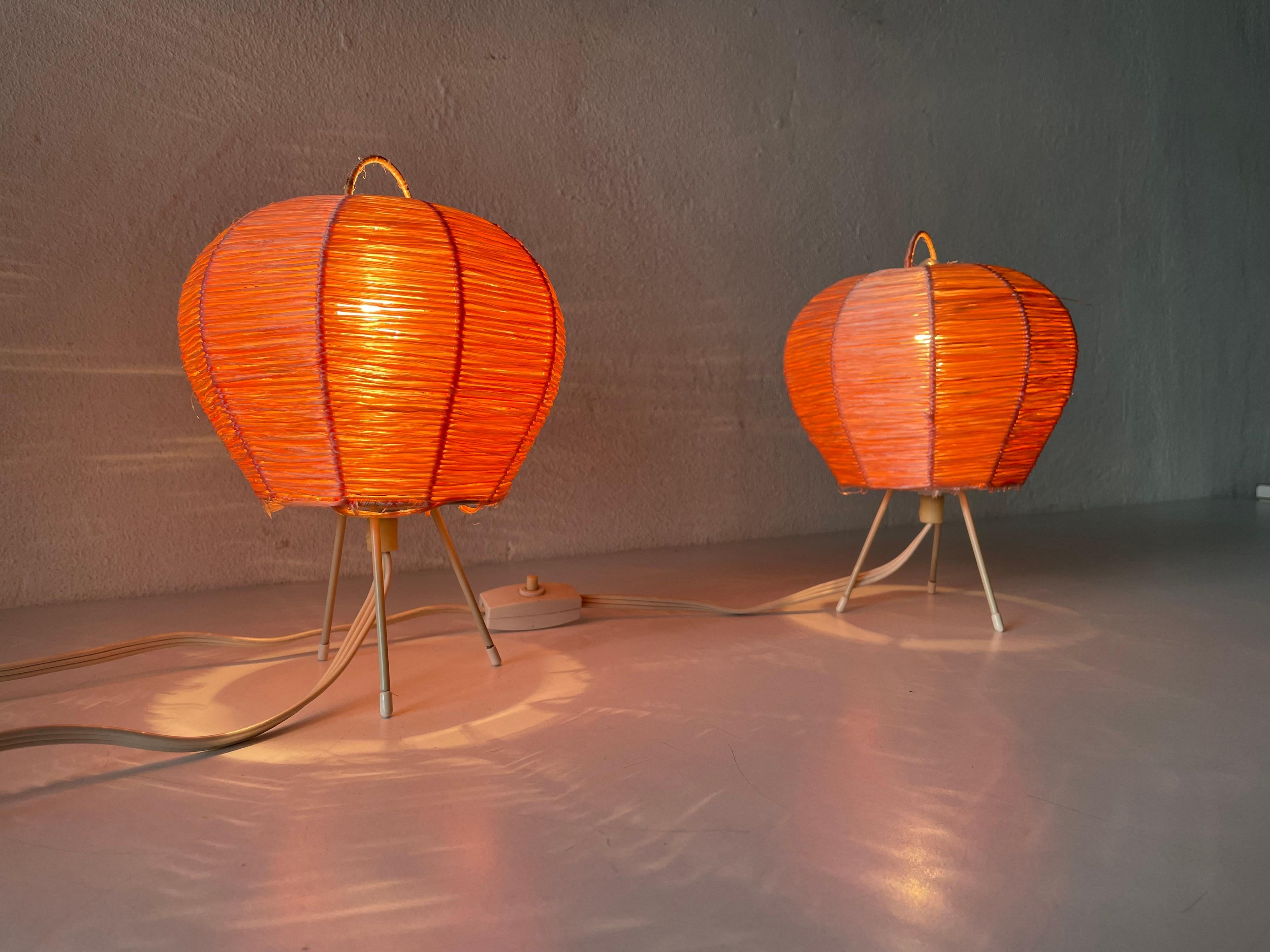 Mid-Century Modern Pink Raffia Tripod Pair of Bedside Lamps, 1950s, Germany 8