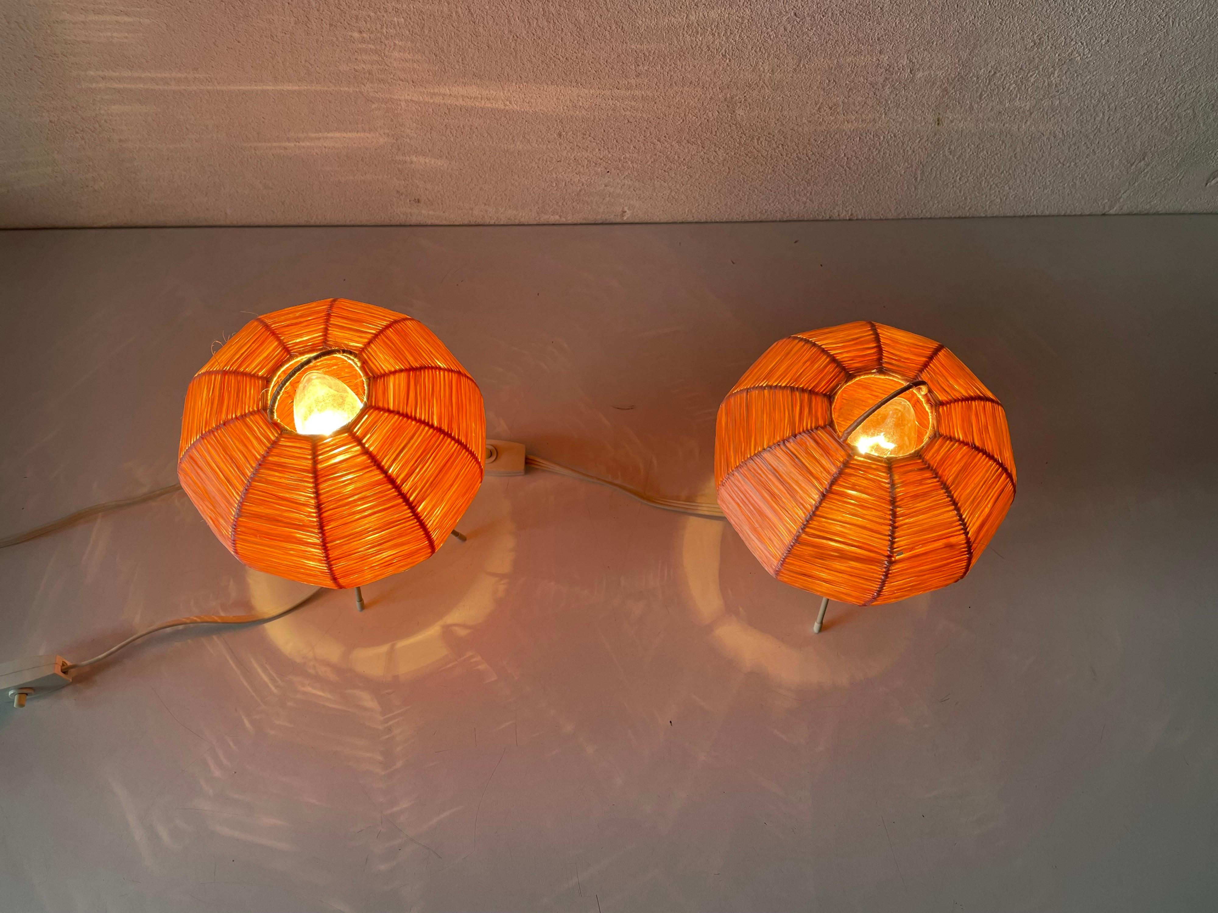 Mid-Century Modern Pink Raffia Tripod Pair of Bedside Lamps, 1950s, Germany 9