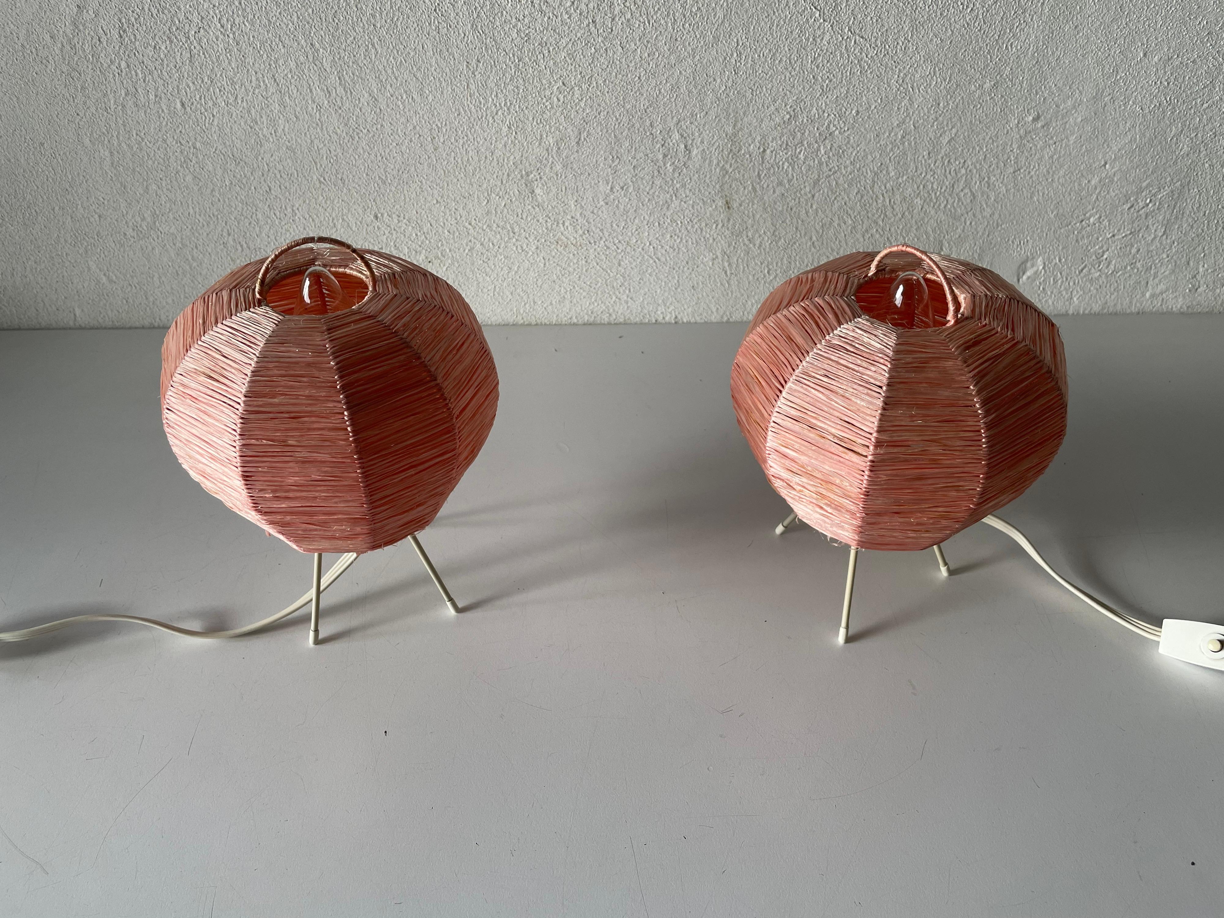Mid-20th Century Mid-Century Modern Pink Raffia Tripod Pair of Bedside Lamps, 1950s, Germany