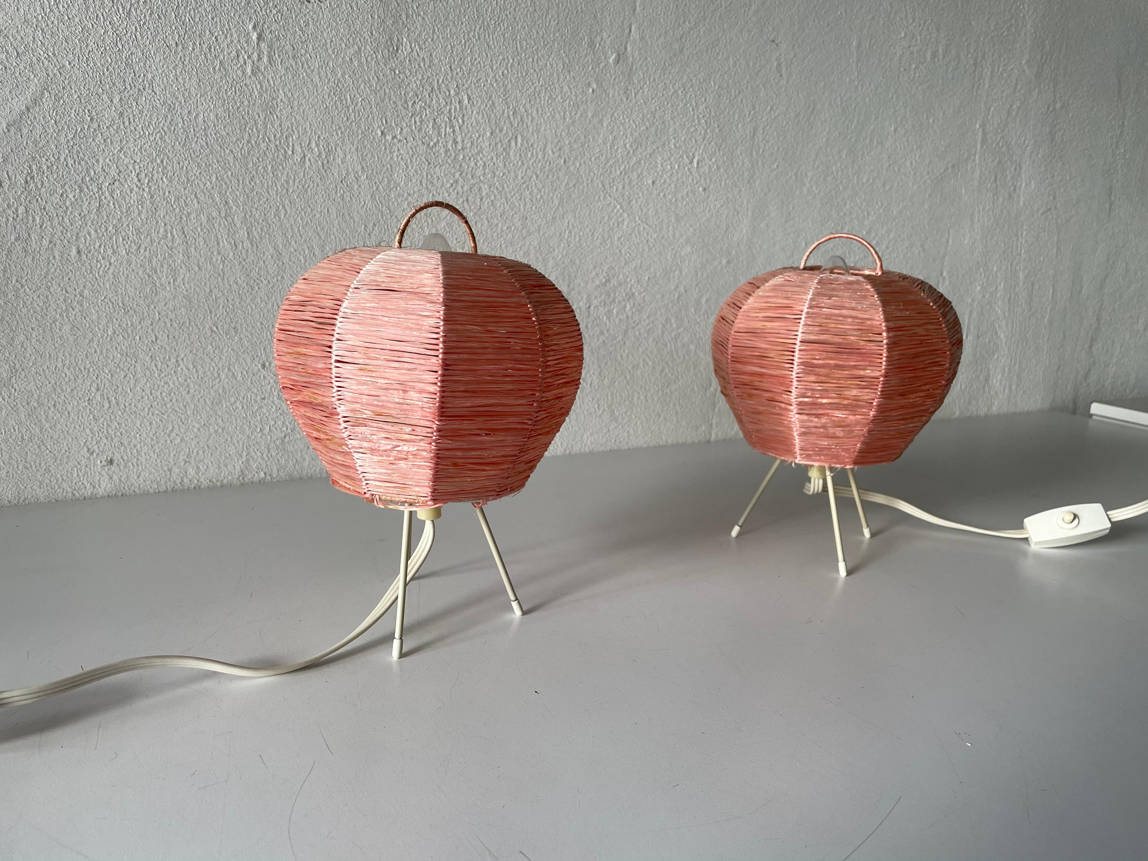 Metal Mid-Century Modern Pink Raffia Tripod Pair of Bedside Lamps, 1950s, Germany
