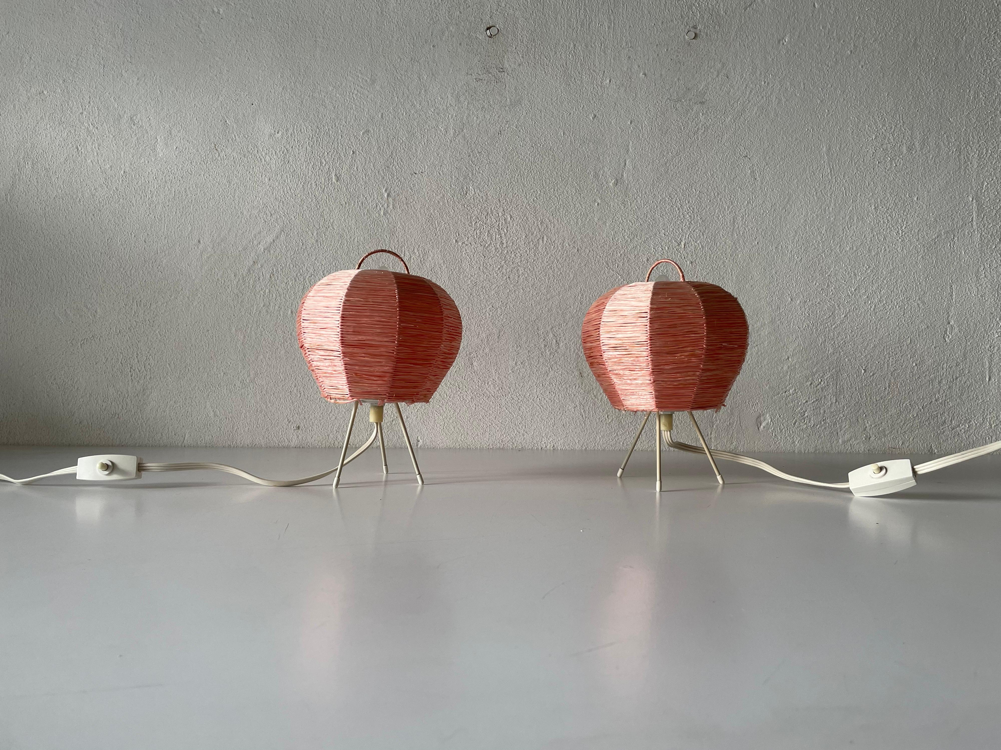 Mid-Century Modern Pink Raffia Tripod Pair of Bedside Lamps, 1950s, Germany 1