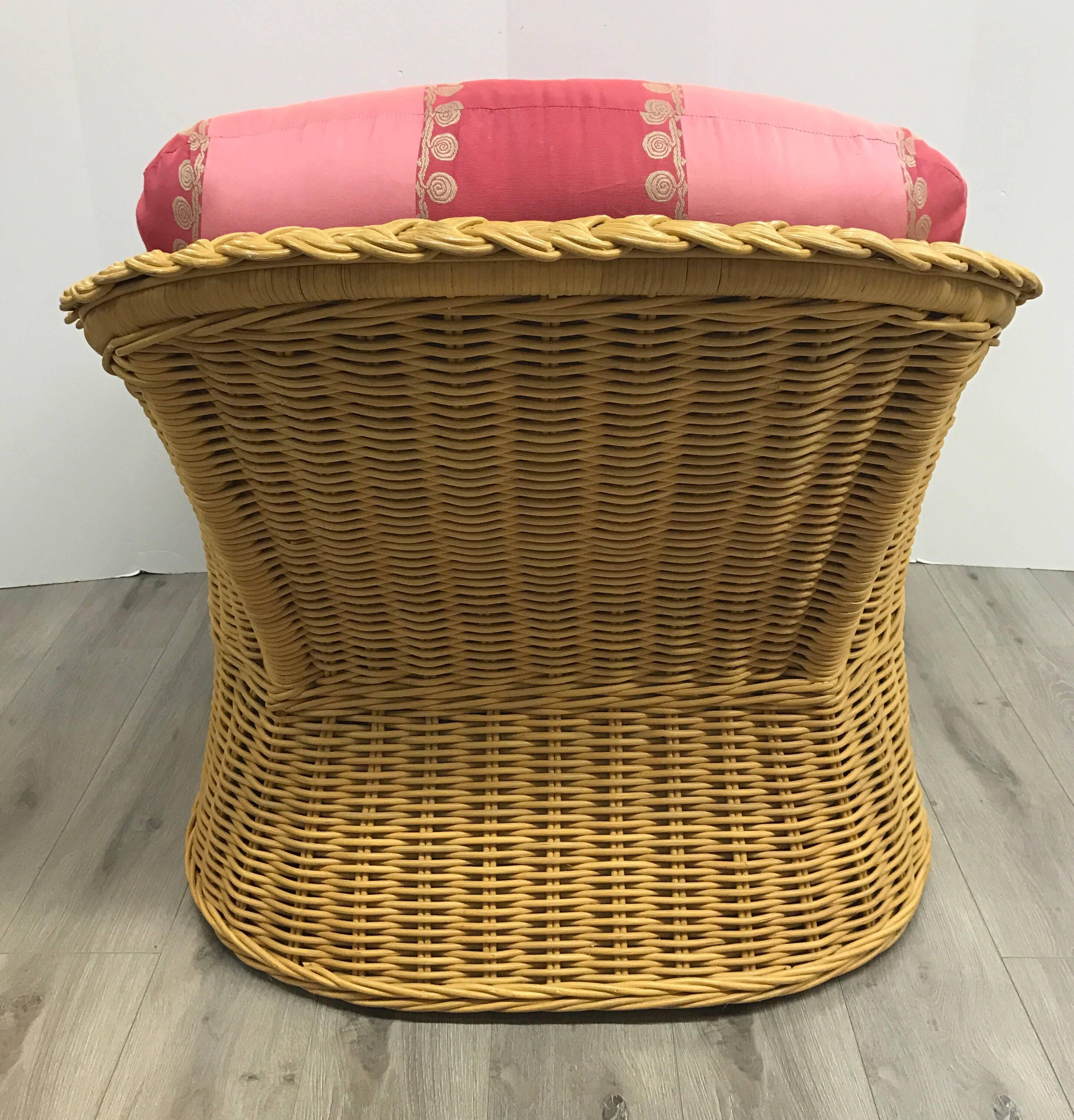 American Mid-Century Modern Pink Rasberry Wicker Lounge Chair and Ottoman