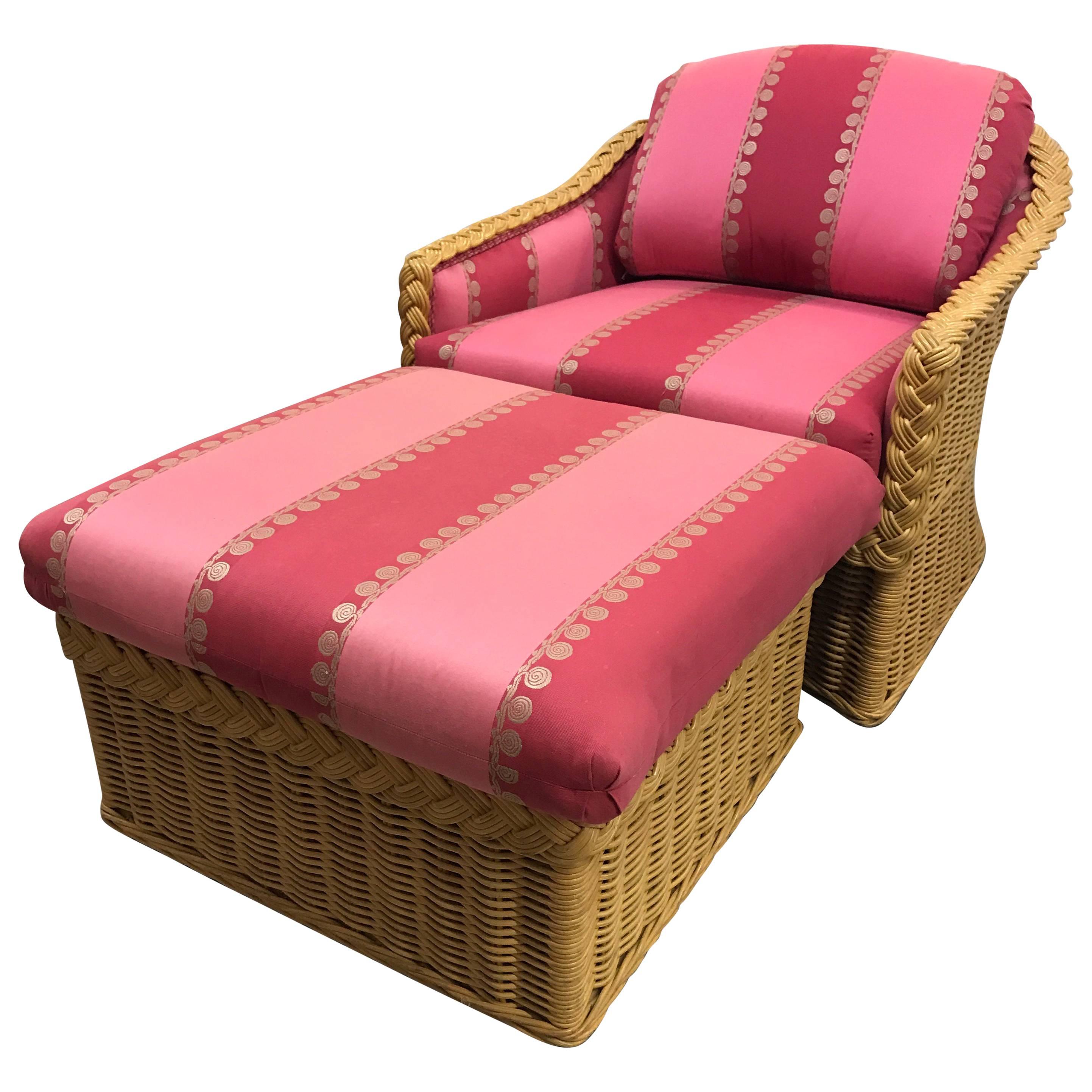 Mid-Century Modern Pink Rasberry Wicker Lounge Chair and Ottoman