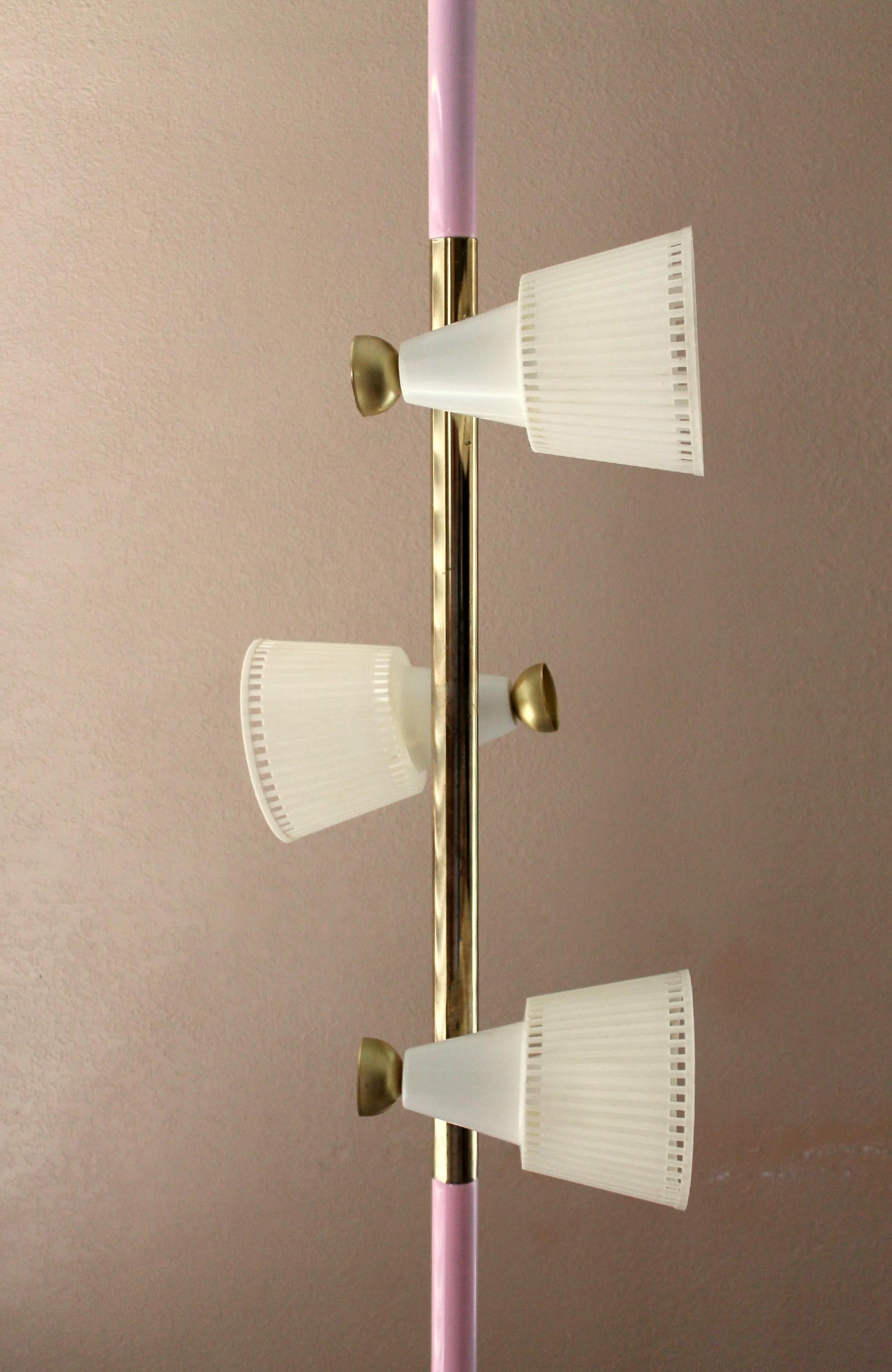 20th Century Mid Century Modern Pink Tension Pole Lamp. Atomic 1950s Floor Brass Stiffel