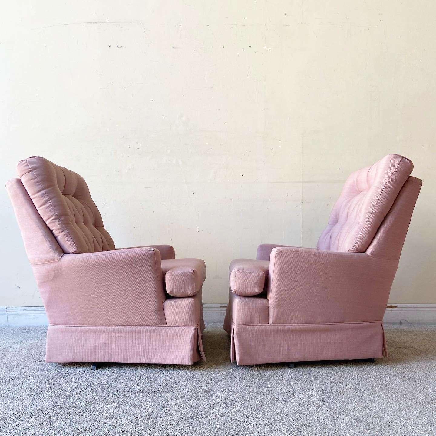 American Mid Century Modern Pink Tufted Swivel Chairs For Sale