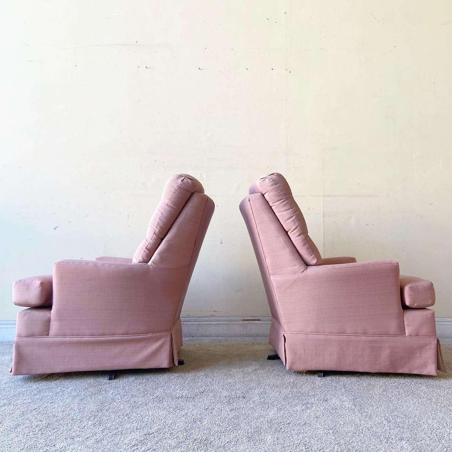 Mid Century Modern Pink Tufted Swivel Chairs In Good Condition For Sale In Delray Beach, FL