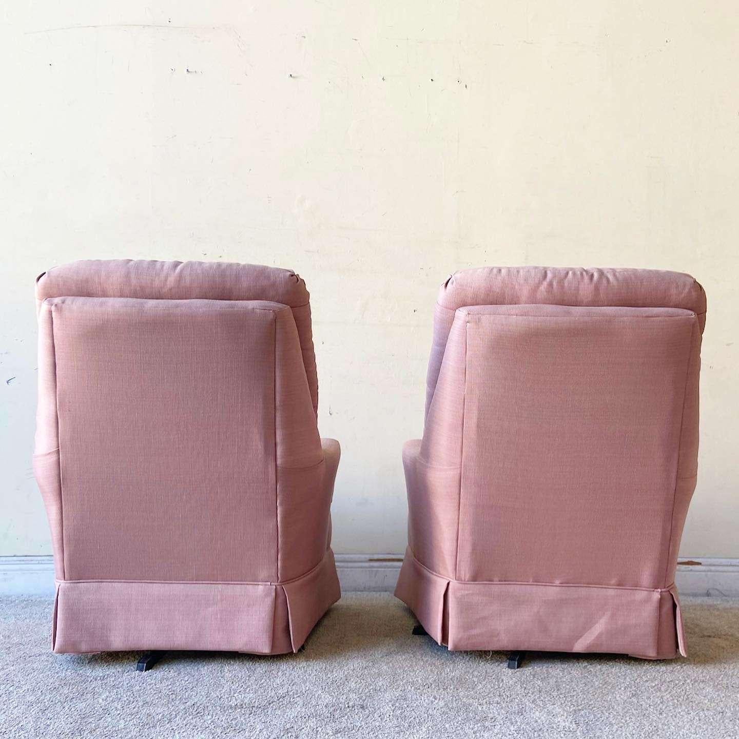 Late 20th Century Mid Century Modern Pink Tufted Swivel Chairs For Sale