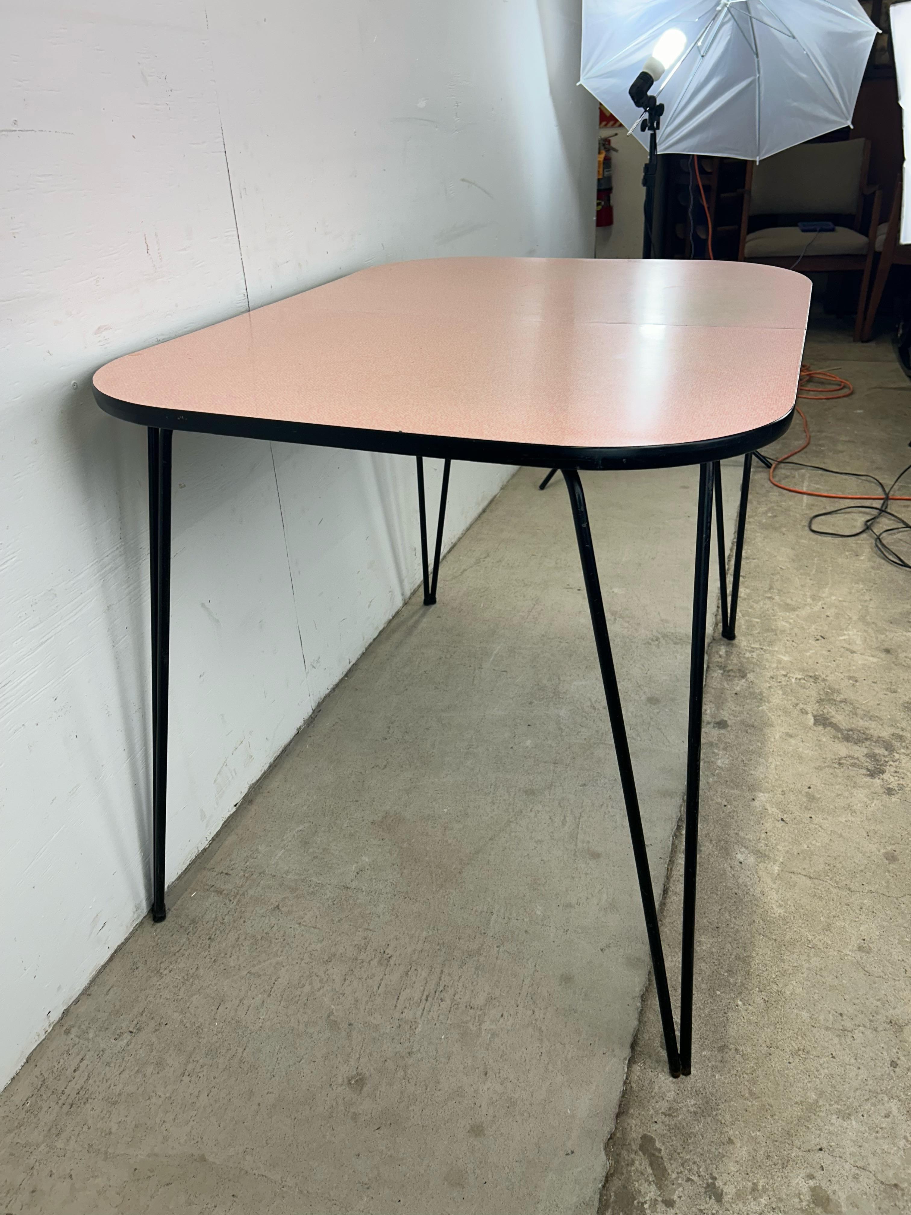 Mid Century Modern Pink & White Dining Table with Hairpin Legs For Sale 12