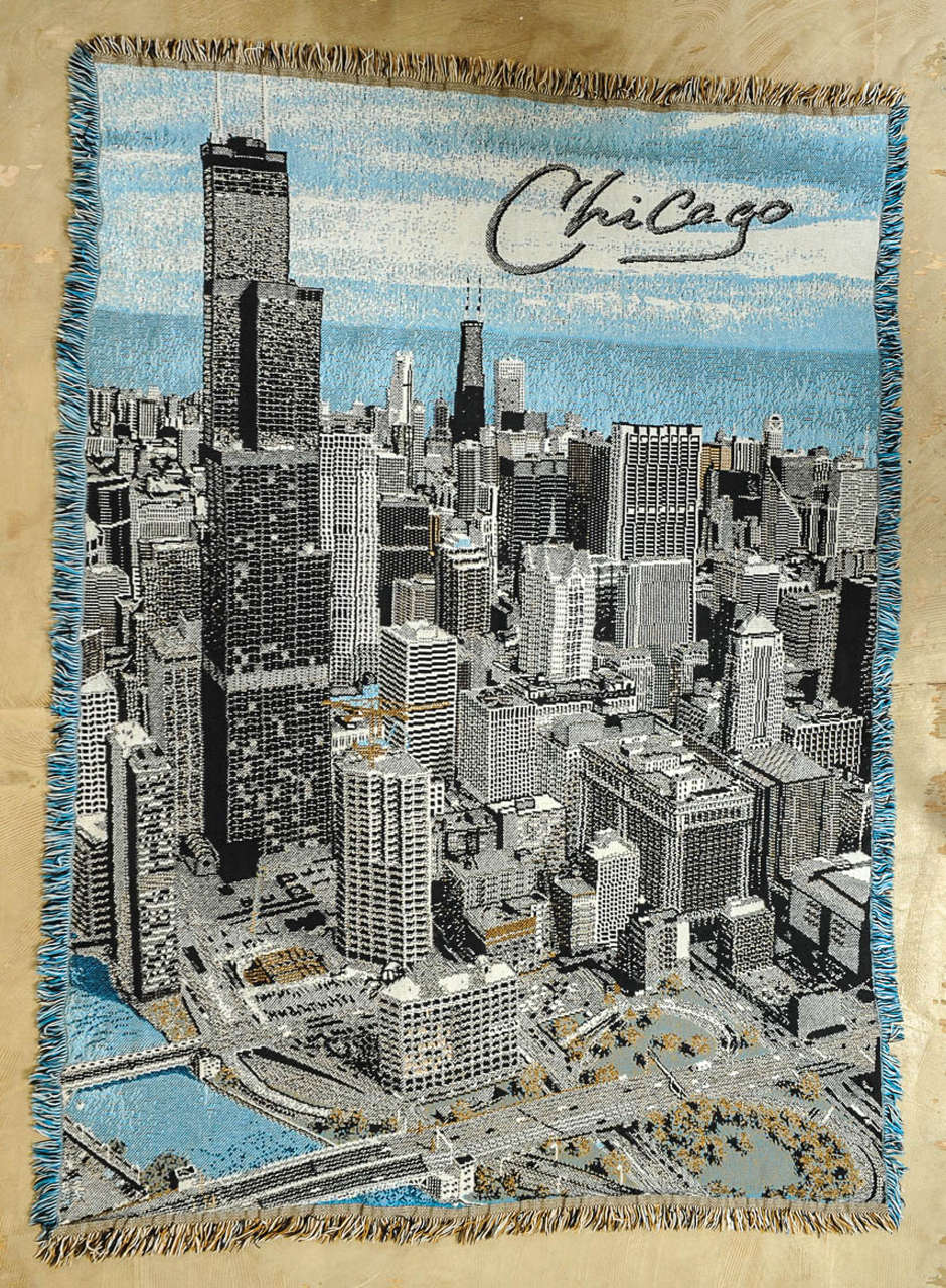 Wonderful 1960s wall hanging in beautiful bright colors.

Photographic print of Downtown Chicago with the Sears Building prominently in sight, combining it with a great blue sky.

Print on fabric with fringes on all sides.