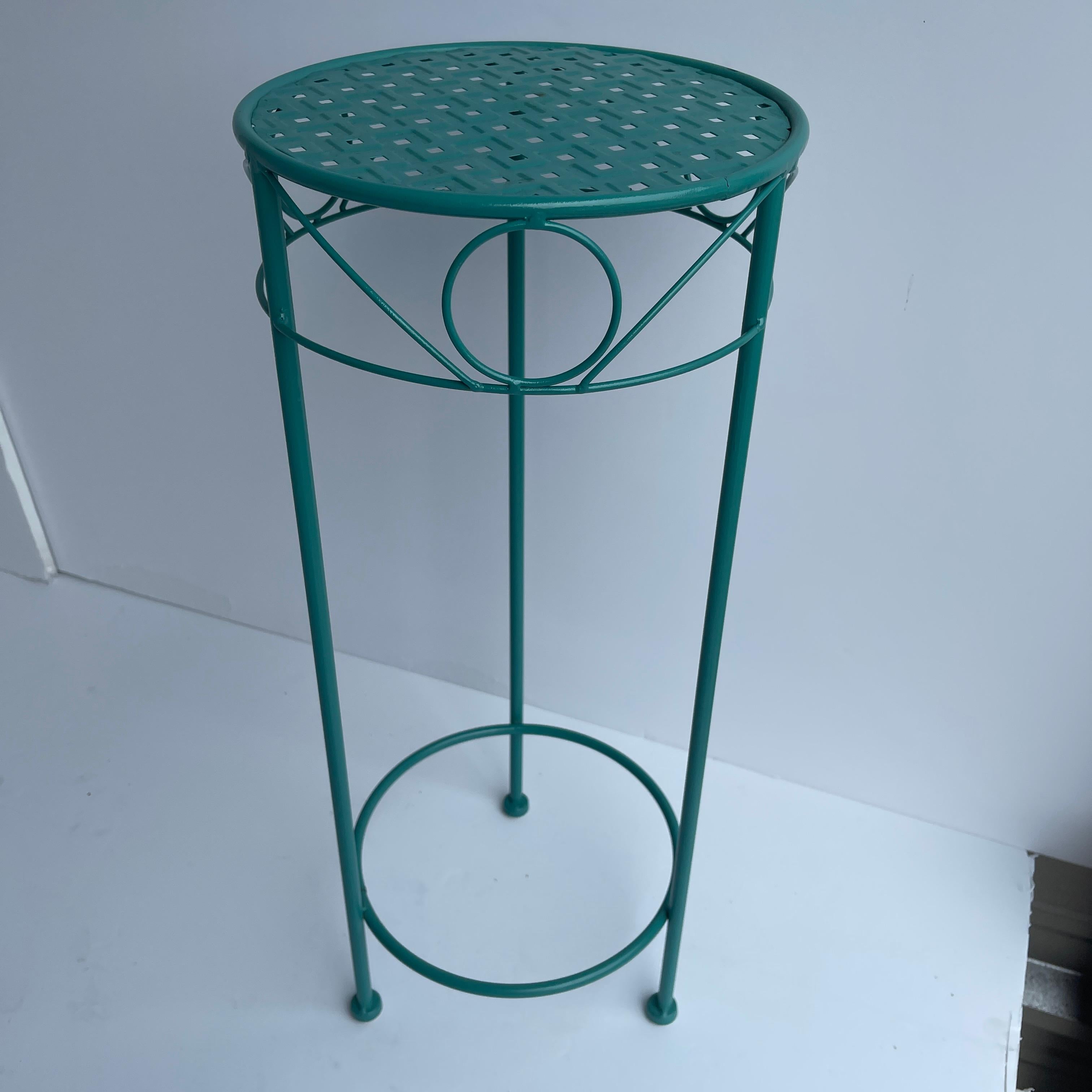 Mid-Century Modern metal plant stand. Turquoise powder coated plant stand or pedestal table. This small plant stand is looking good in fresh soft turquoise. Ready to grace any area of your home, garden or patio, the turquoise color is perfect